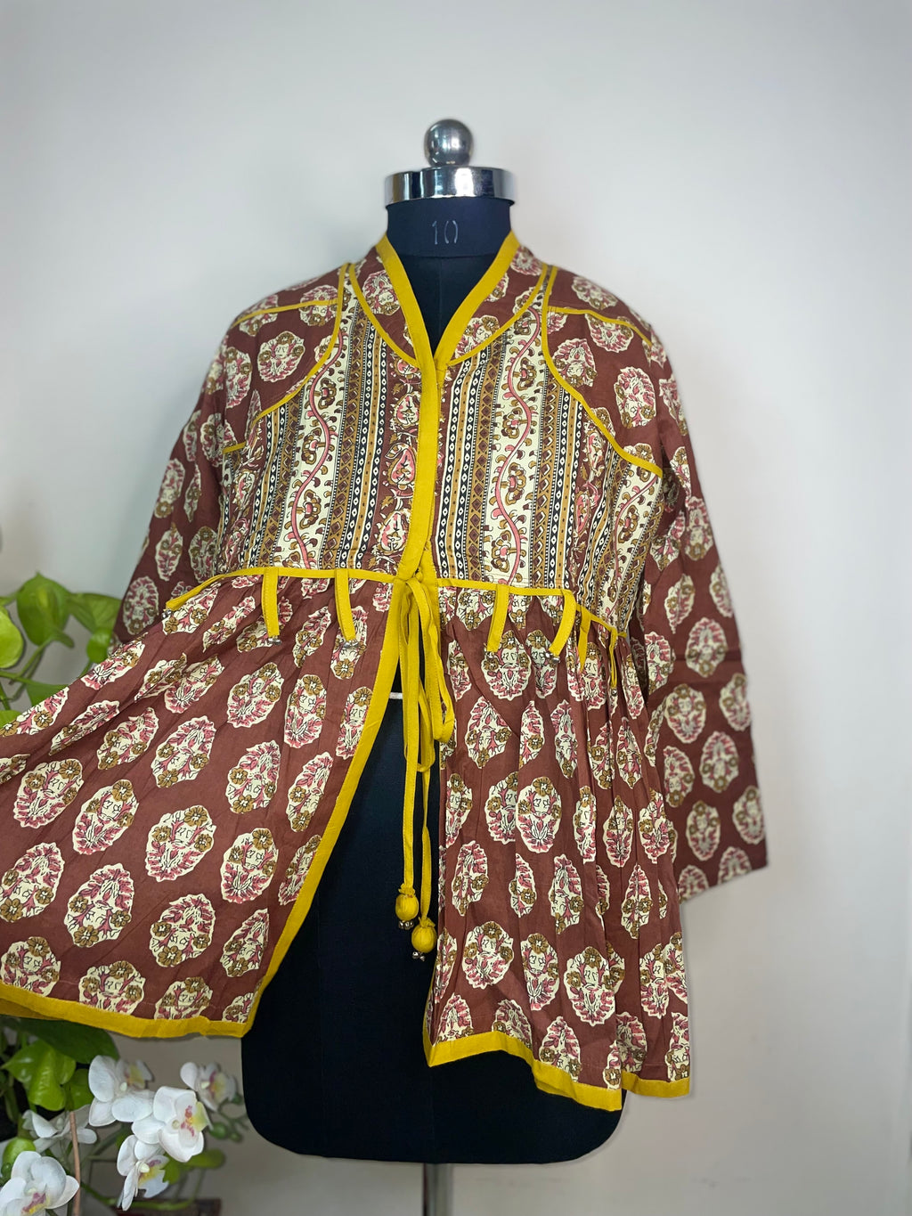 Mocha Mustard Hand Block Cotton Short Kurti