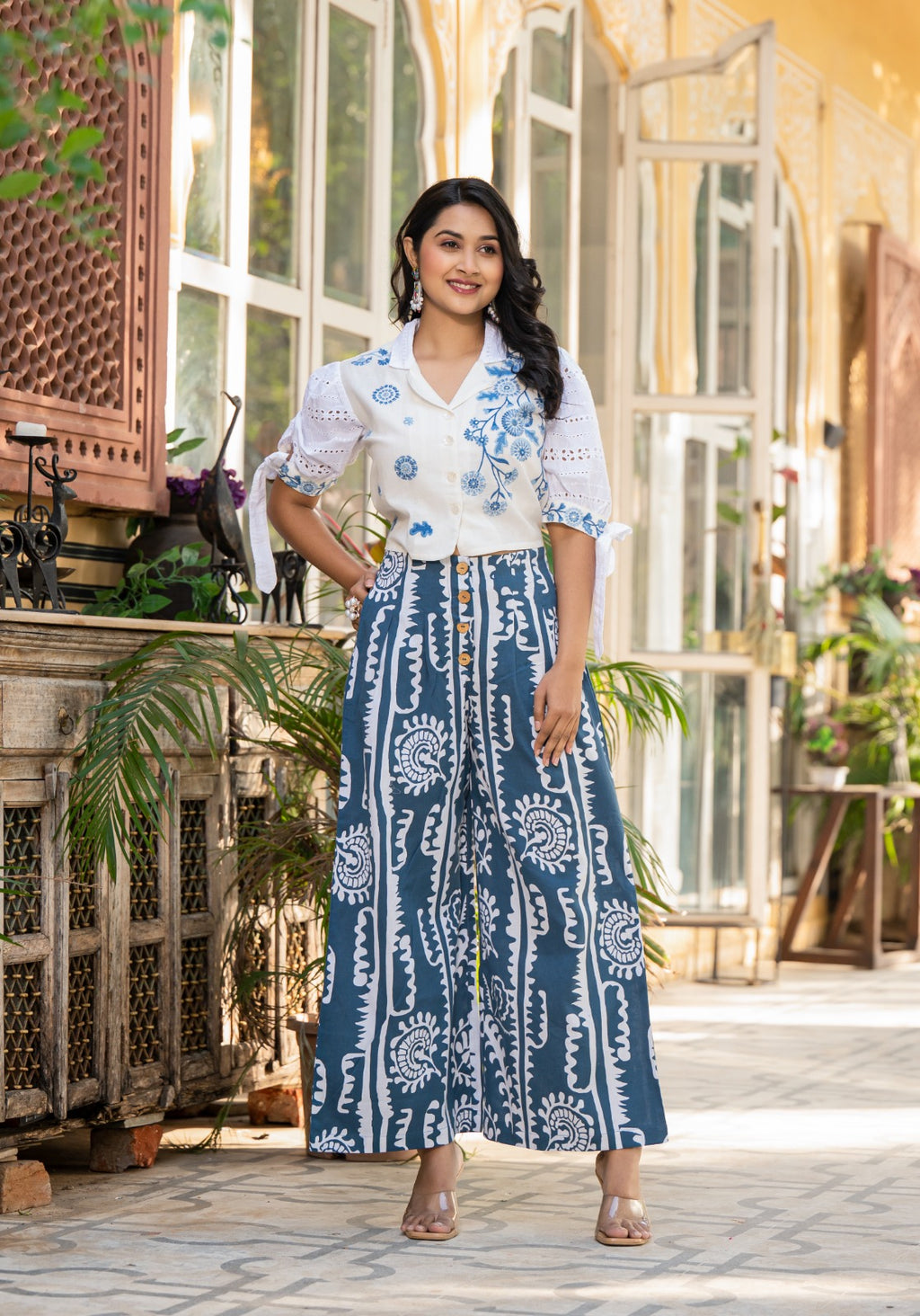 White-Blue Plazzo Co-ord Set with Crop Top