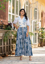 White-Blue Plazzo Co-ord Set with Crop Top
