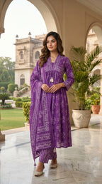 Saachi Purple Bandhani Cotton 3 Pcs Suit Set