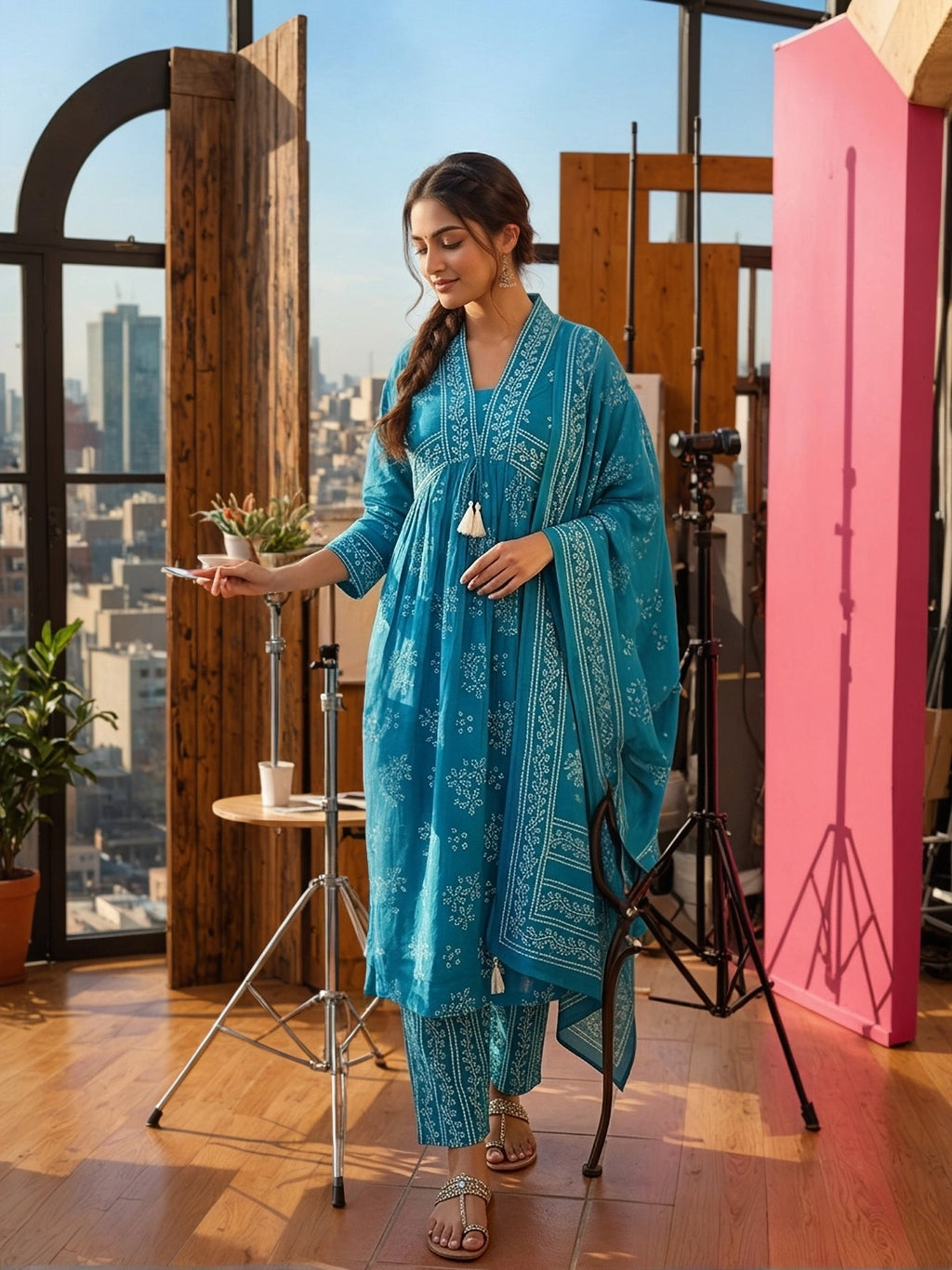 Krisha Teal Bandhani Print 3 Pcs Suit Set