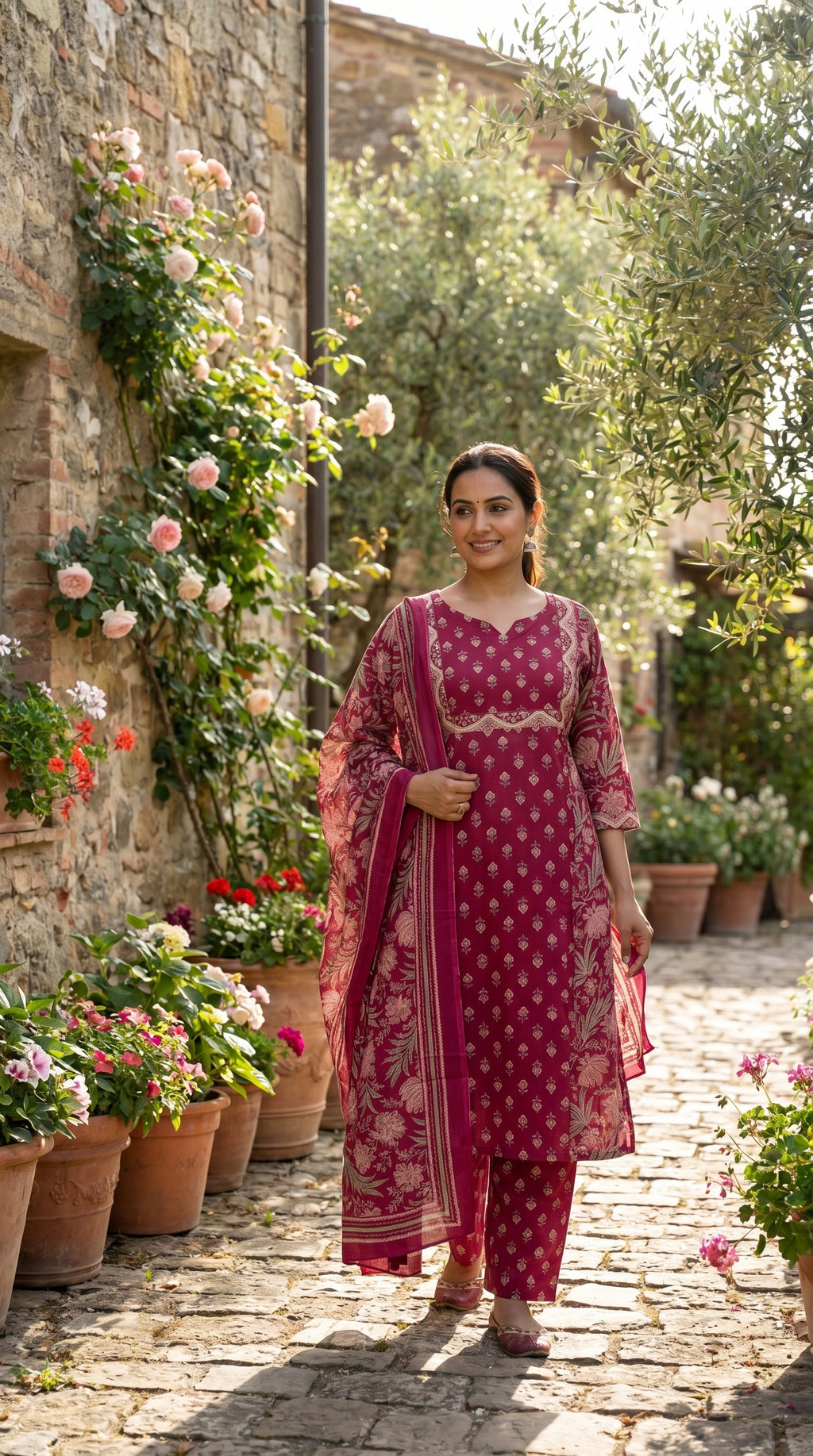 Kashvi Maroon Floral Cotton 3 Pcs Suit Set