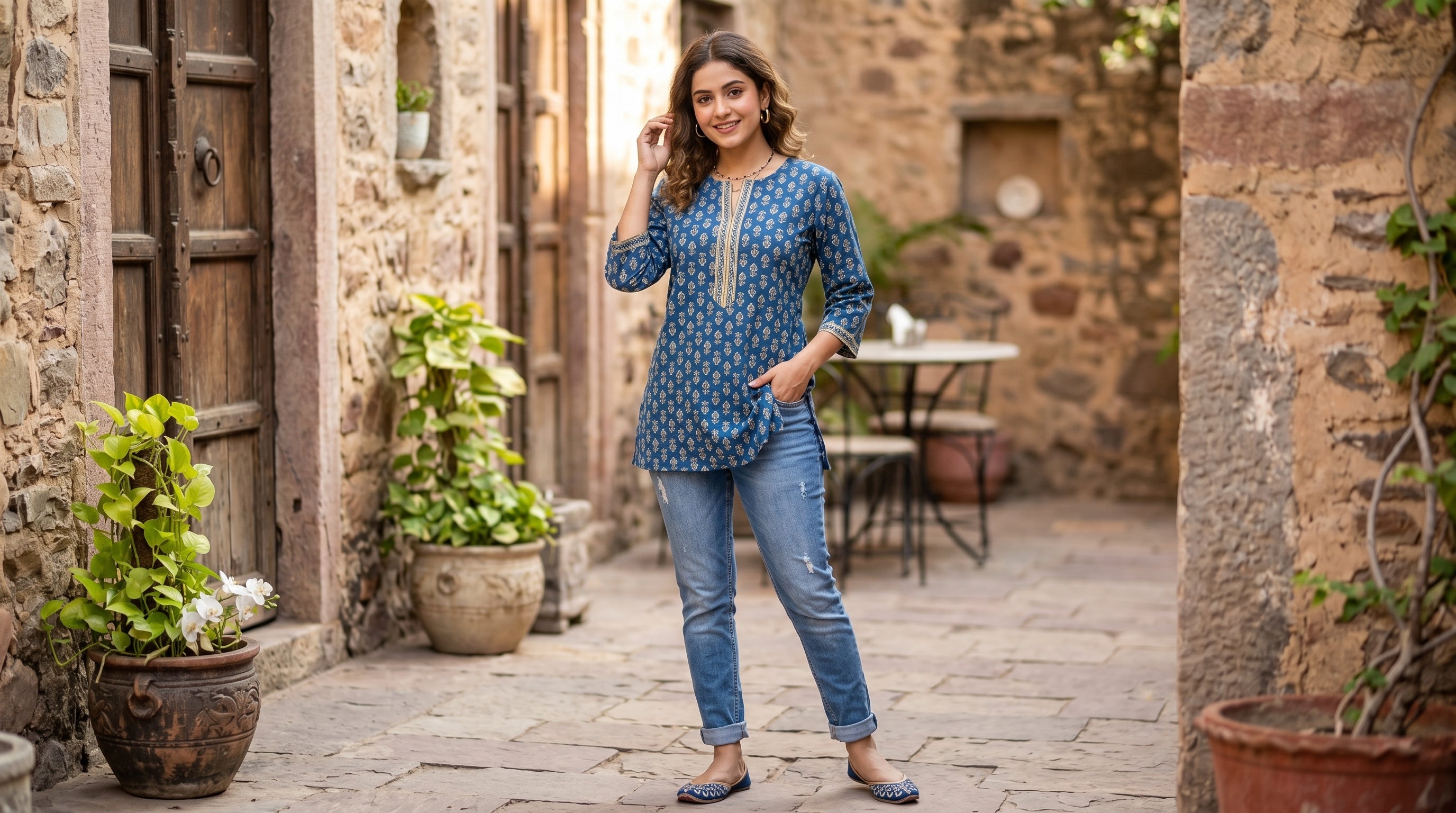 Indigo Neel Hand Block Cotton Short Kurti
