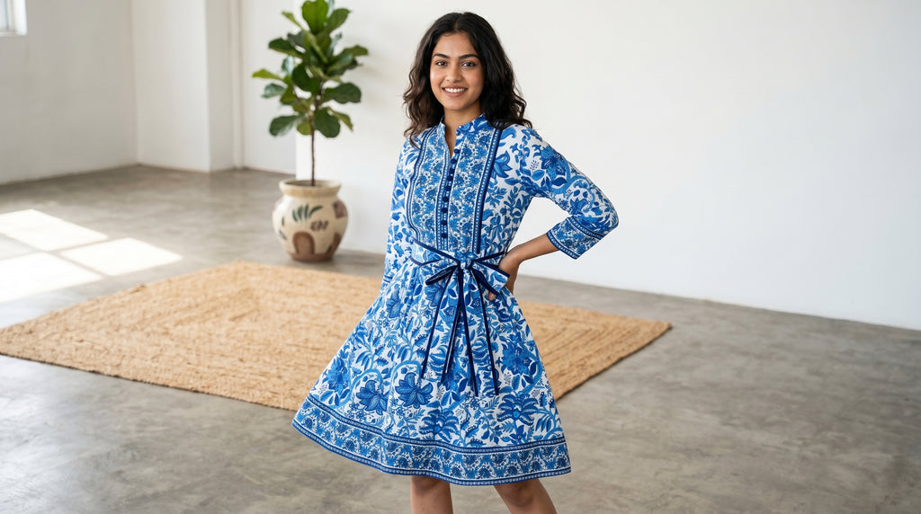 Blue Blossom Hand Block Short Dress