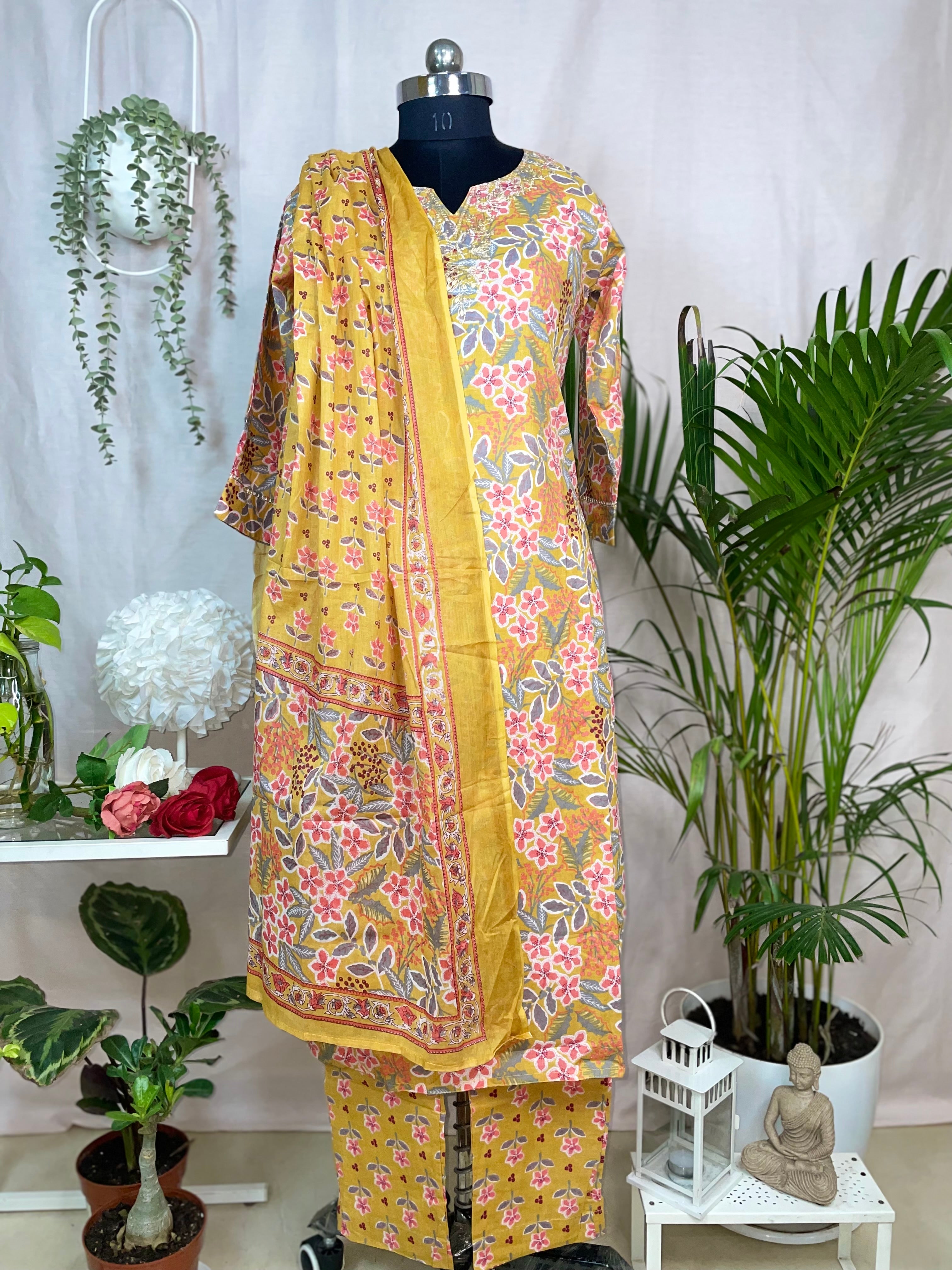 Yashvi Mustard Floral Cotton 3 Pcs Suit Set