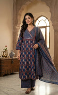 Vaani Navy Maroon Cotton 3 Pcs Suit Set