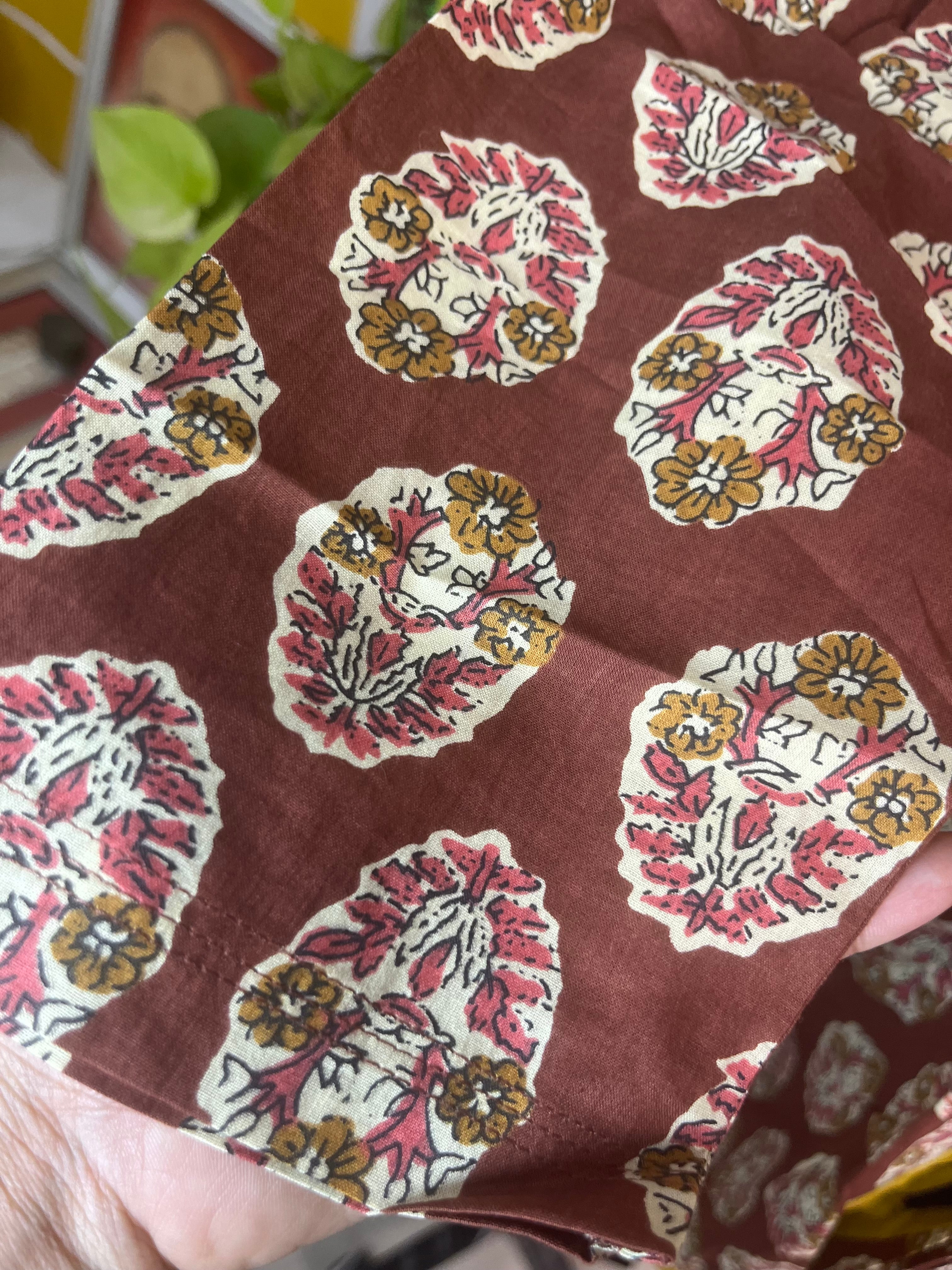 Mocha Mustard Hand Block Cotton Short Kurti