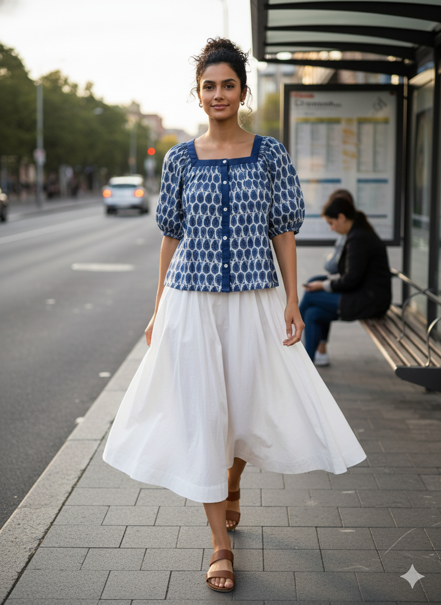 Blue Paisley Button Short top