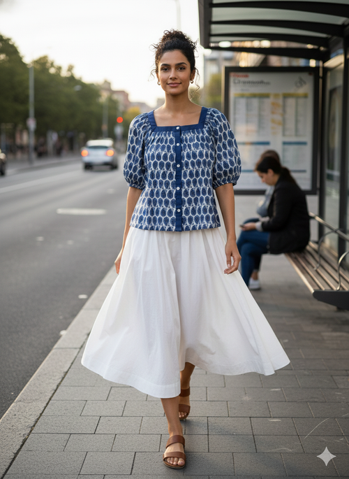 Blue Paisley Button Short top