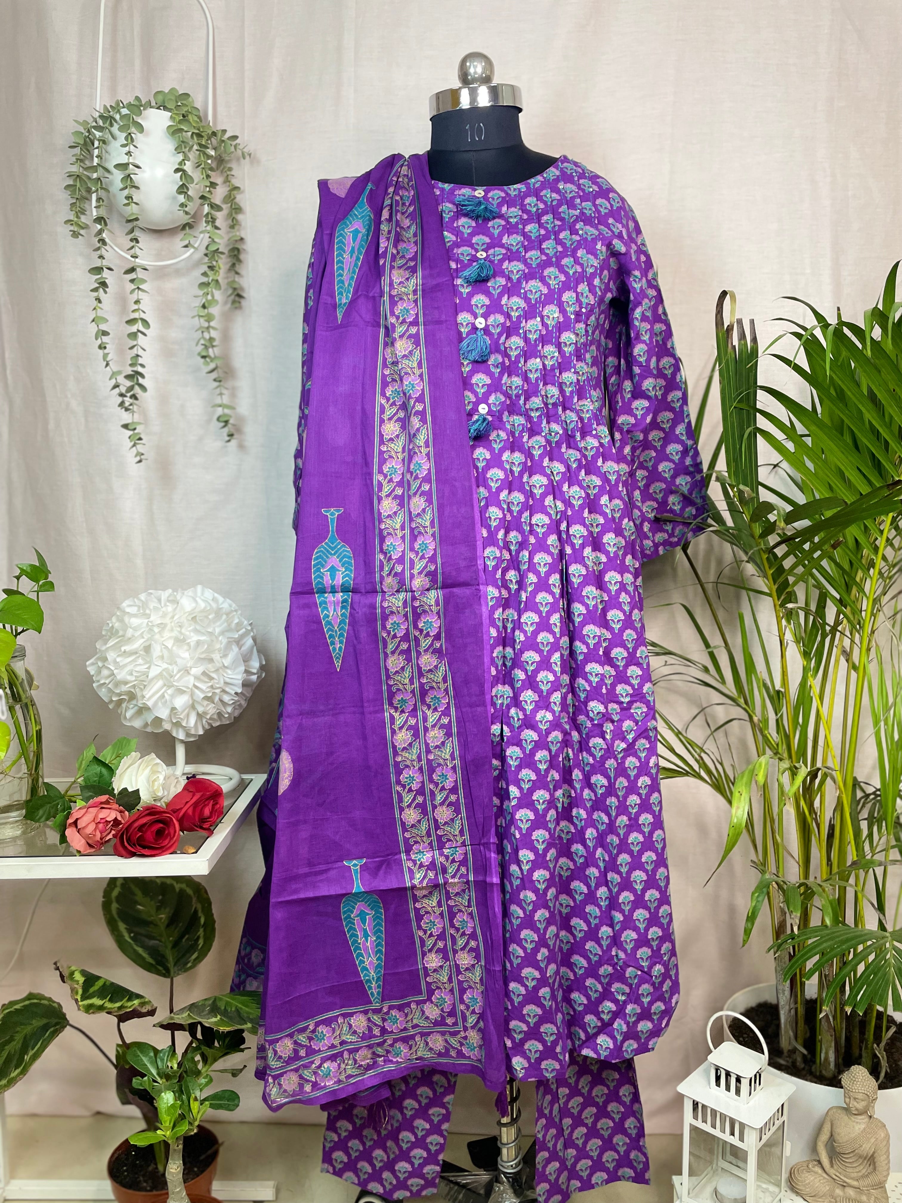 Urvi Purple Teal Cotton 3 Pcs Suit Set
