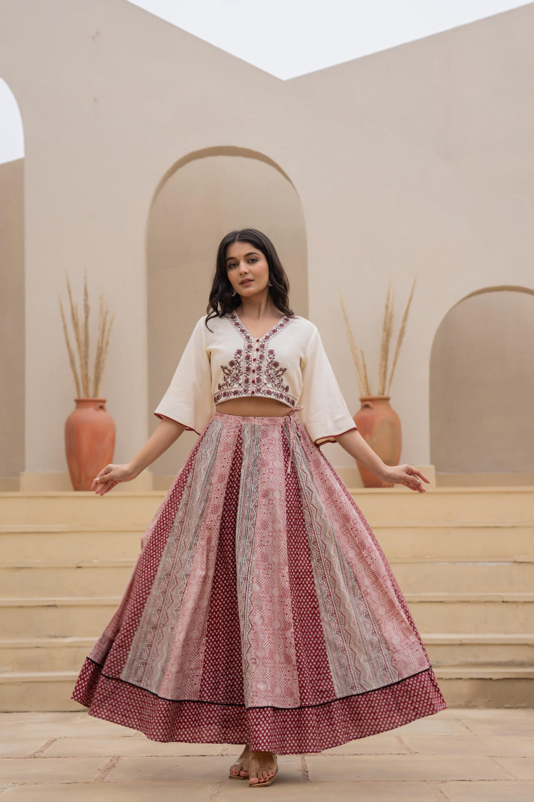 Red Kali Printed Skirt and Embroidered Crop Top