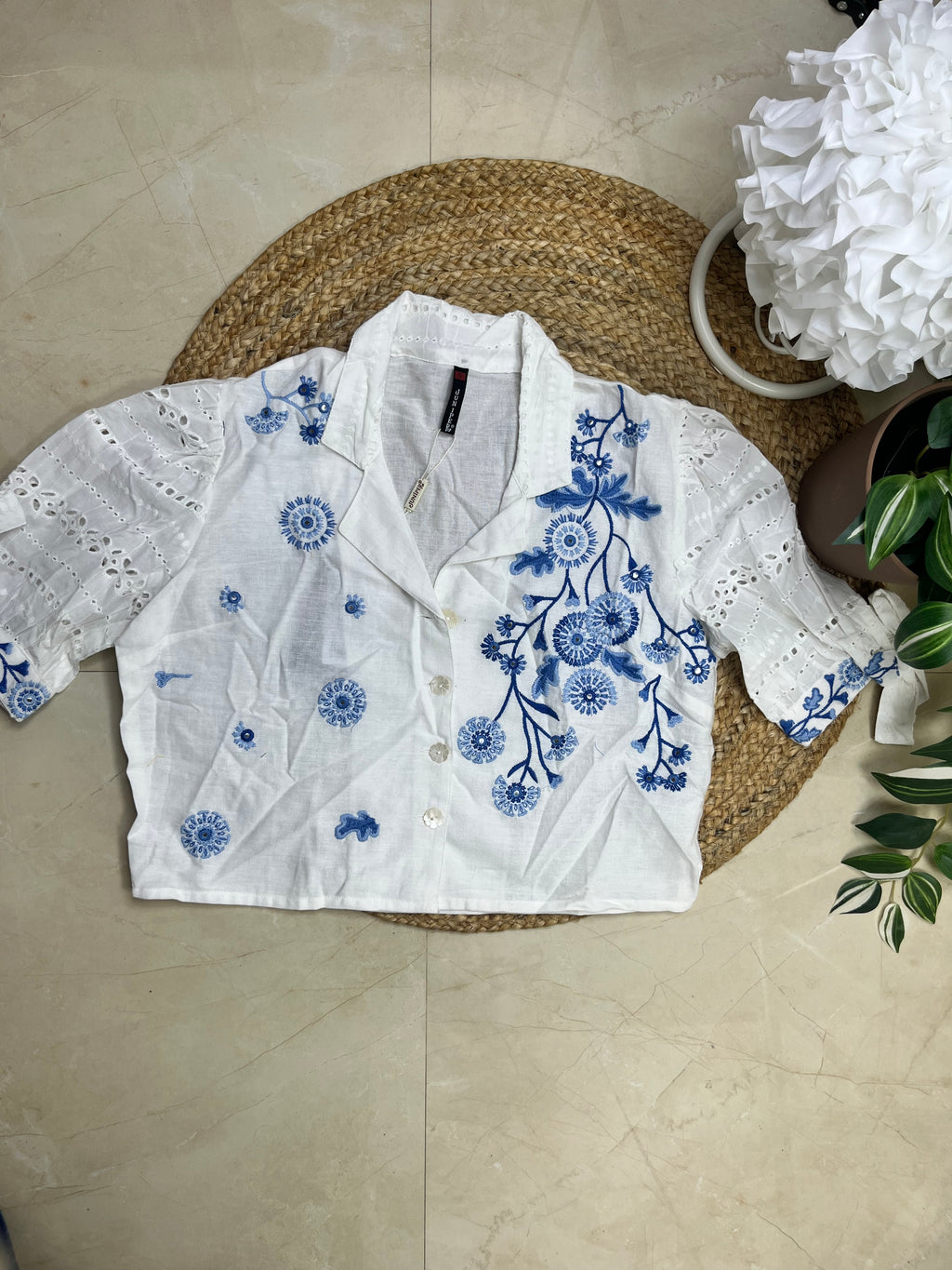 White-Blue Plazzo Co-ord Set with Crop Top