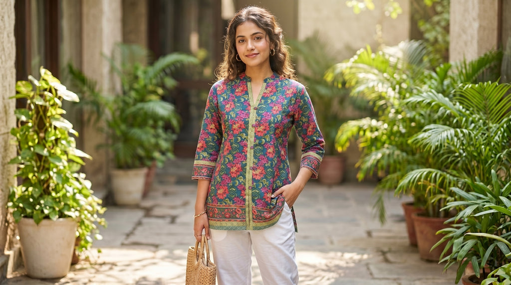 Emerald Gulmohar Hand Block Cotton Short Kurti