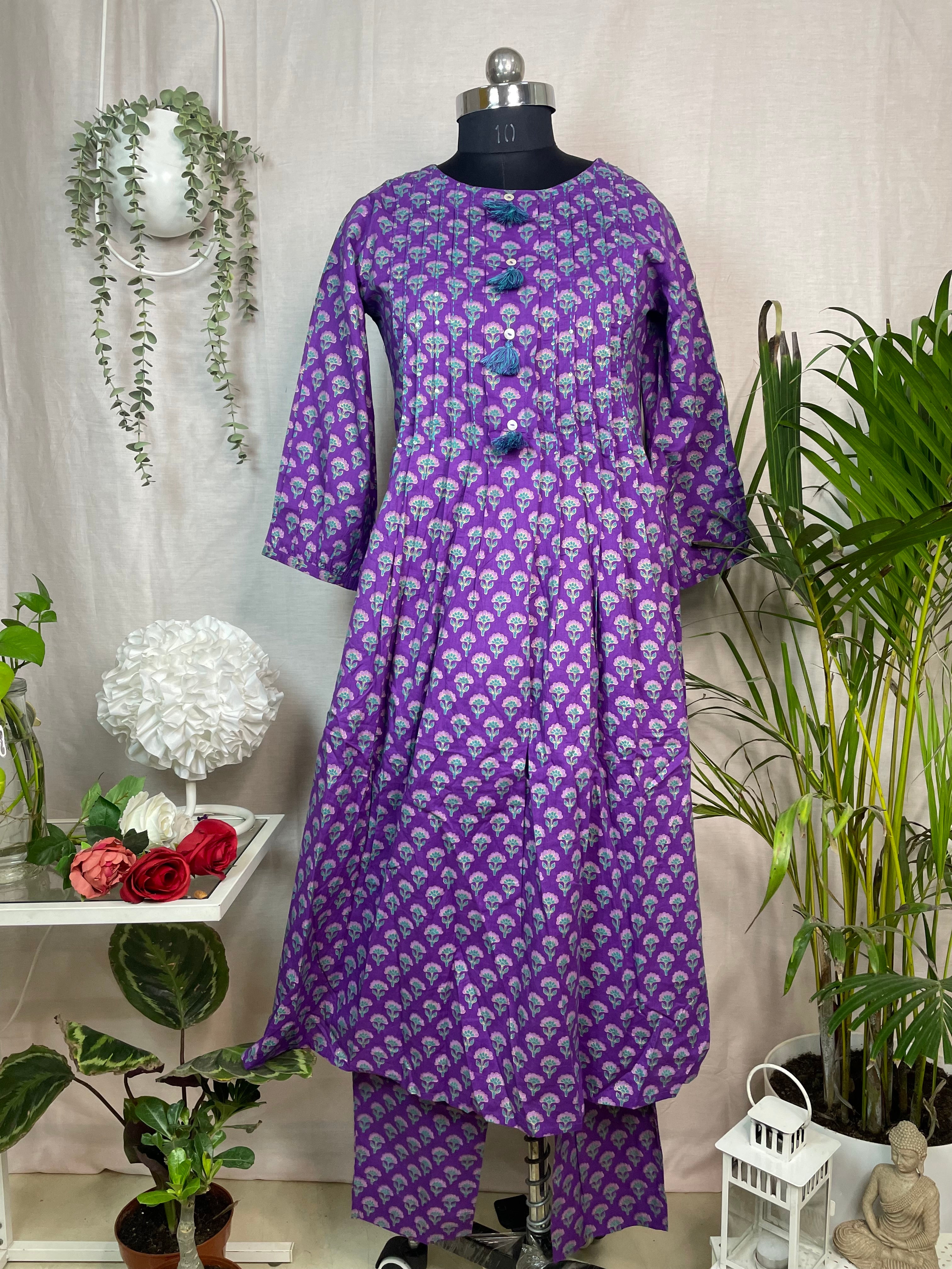 Urvi Purple Teal Cotton 3 Pcs Suit Set