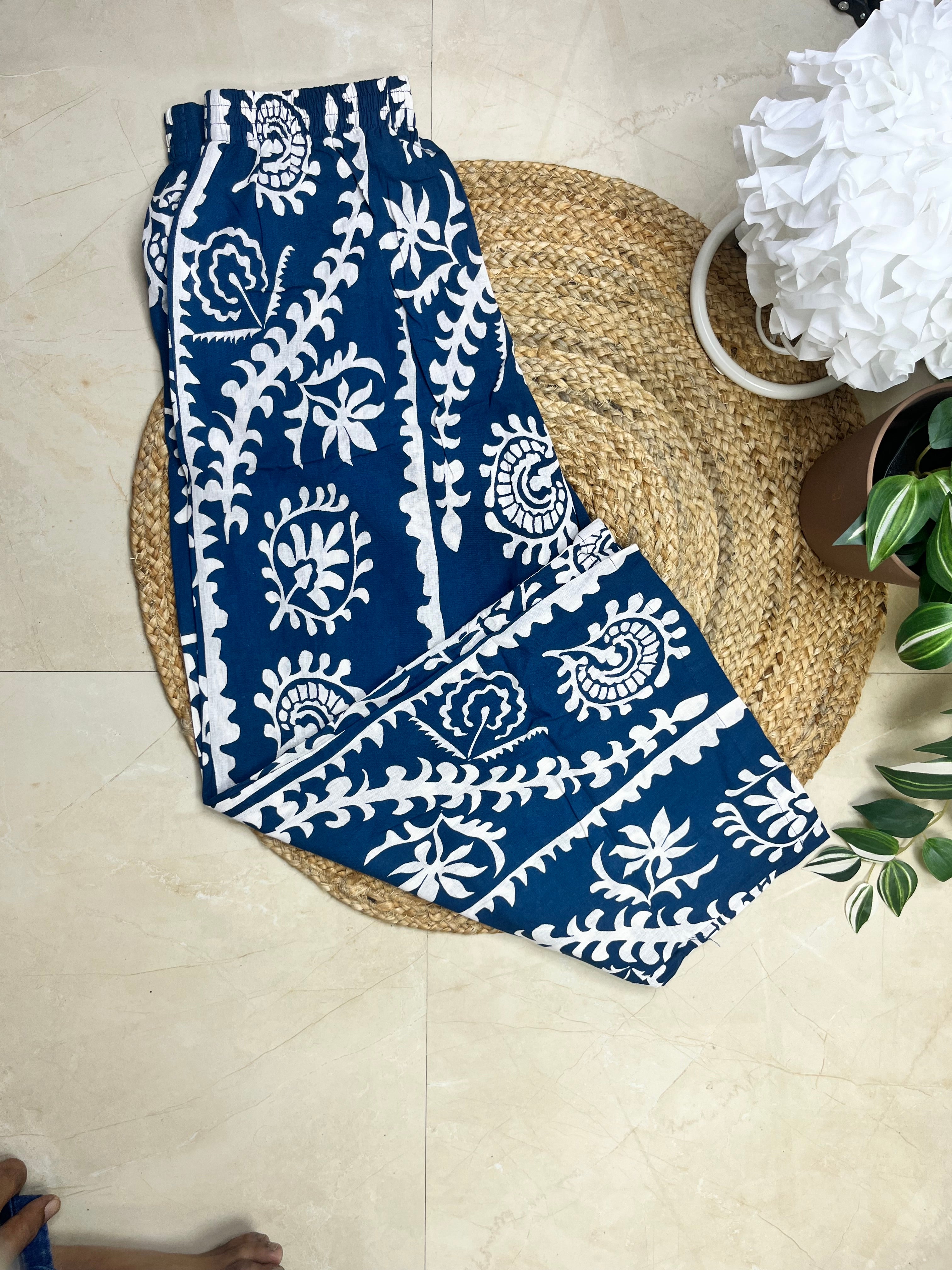 White-Blue Plazzo Co-ord Set with Crop Top