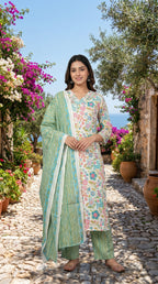 Ishvi Ivory Aqua Cotton 3 Pcs Suit Set