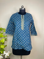 Indigo Neel Hand Block Cotton Short Kurti