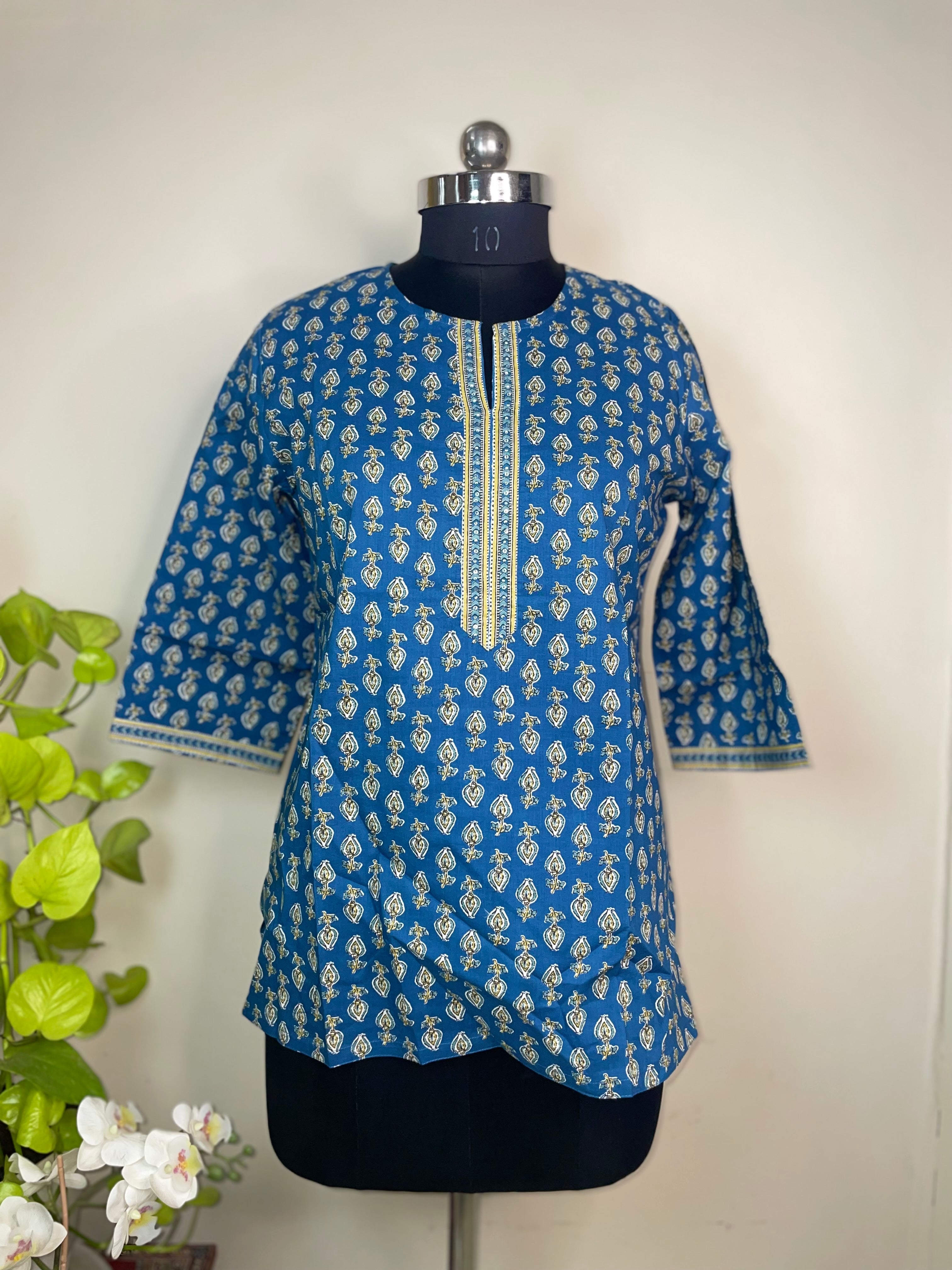 Indigo Neel Hand Block Cotton Short Kurti