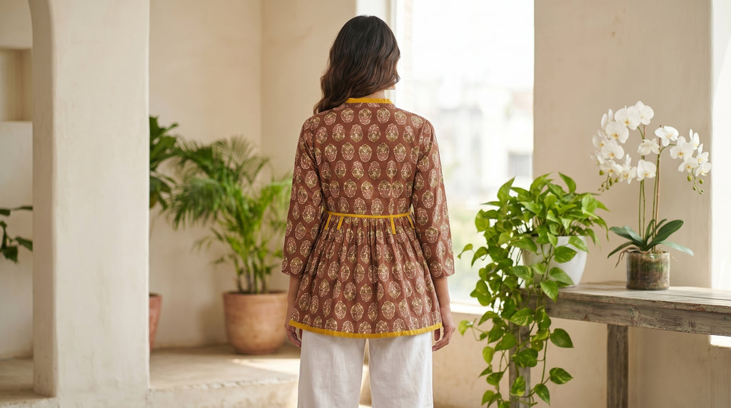 Mocha Mustard Hand Block Cotton Short Kurti