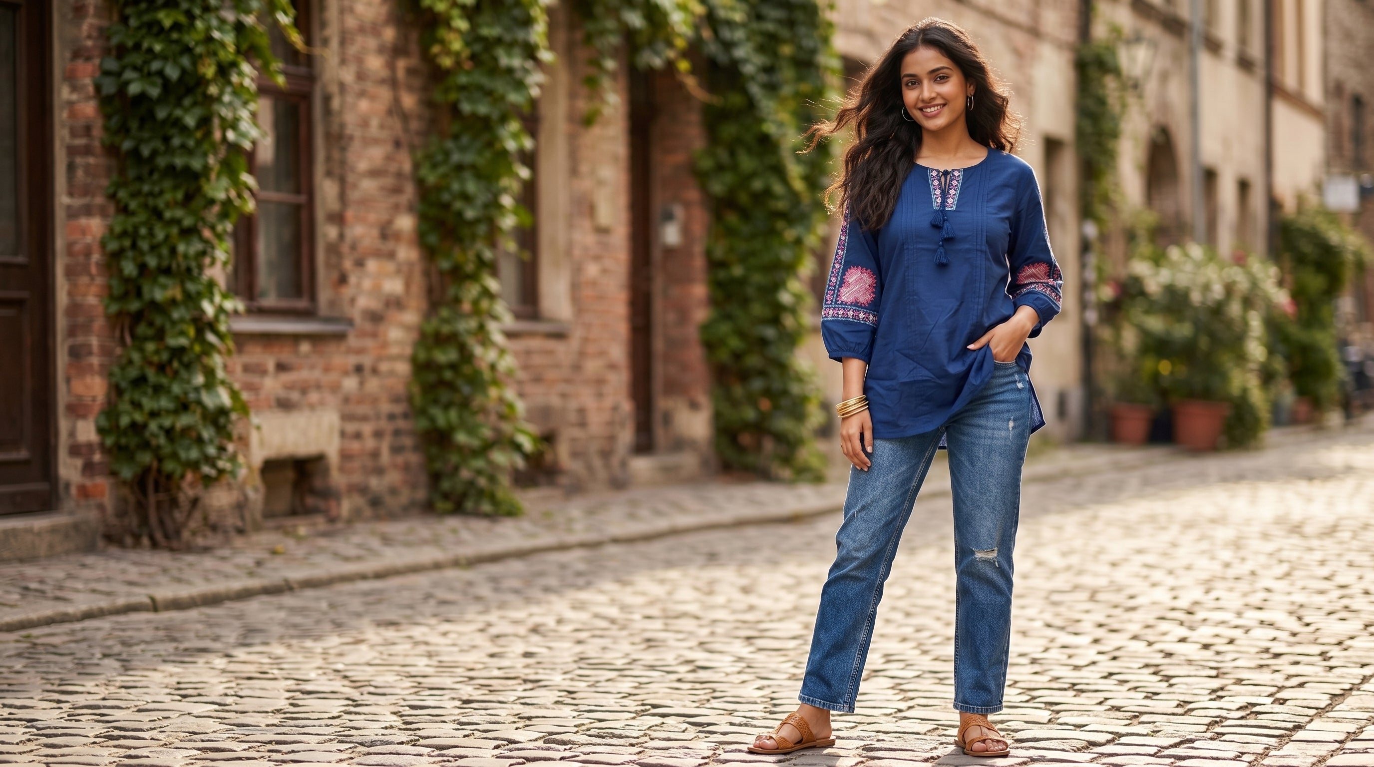 Royal Blue Tassel Cotton Short Kurti