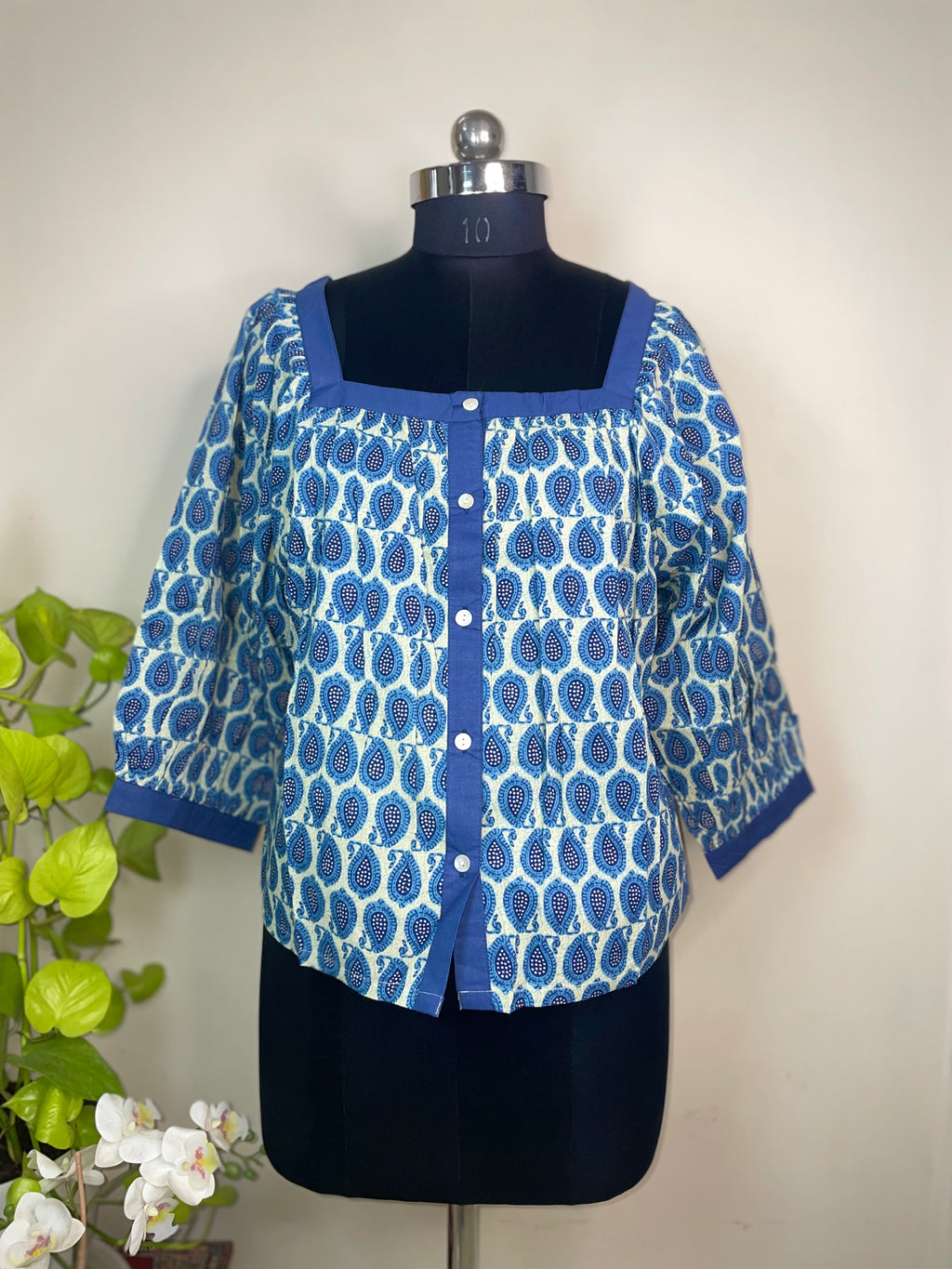 Blue Paisley Button Short top