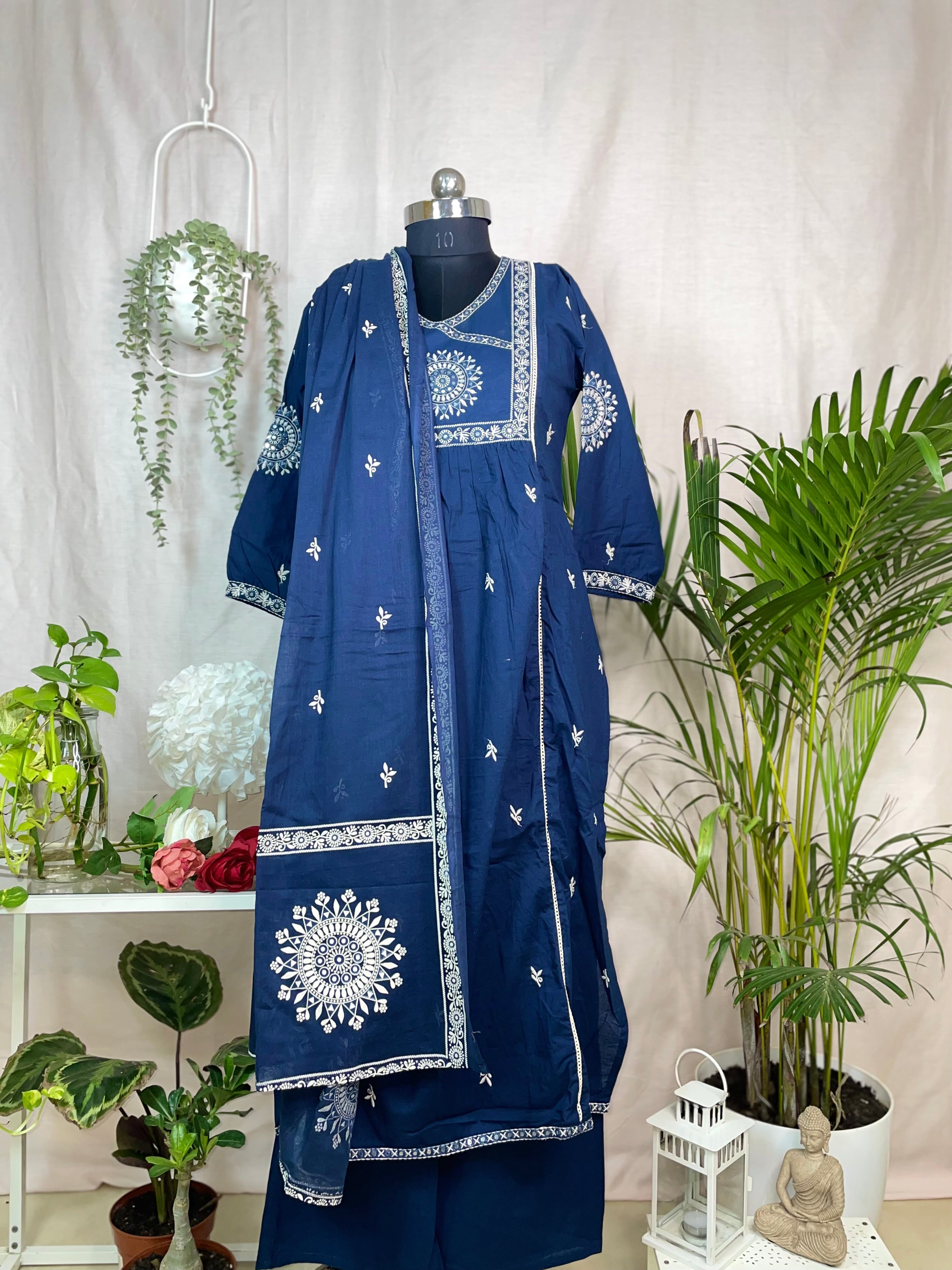 Disha Navy Blue Cotton 3 Pcs Suit Set