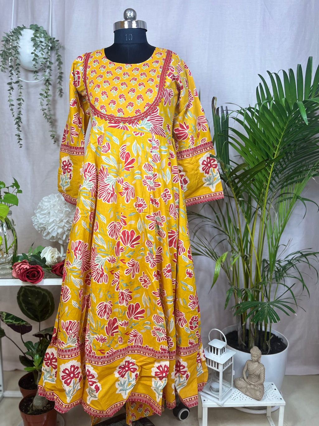 Mustard Bloom Cotton Anarkali 3 Piece Suit Dress