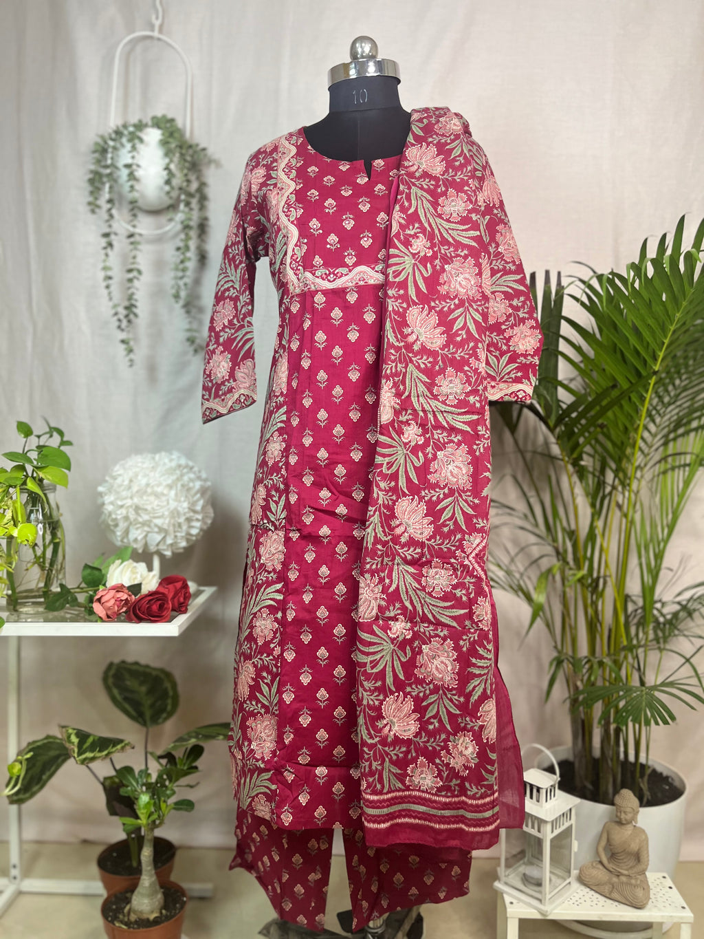 Charvi Maroon Bloom Cotton 3 Pcs Suit Set