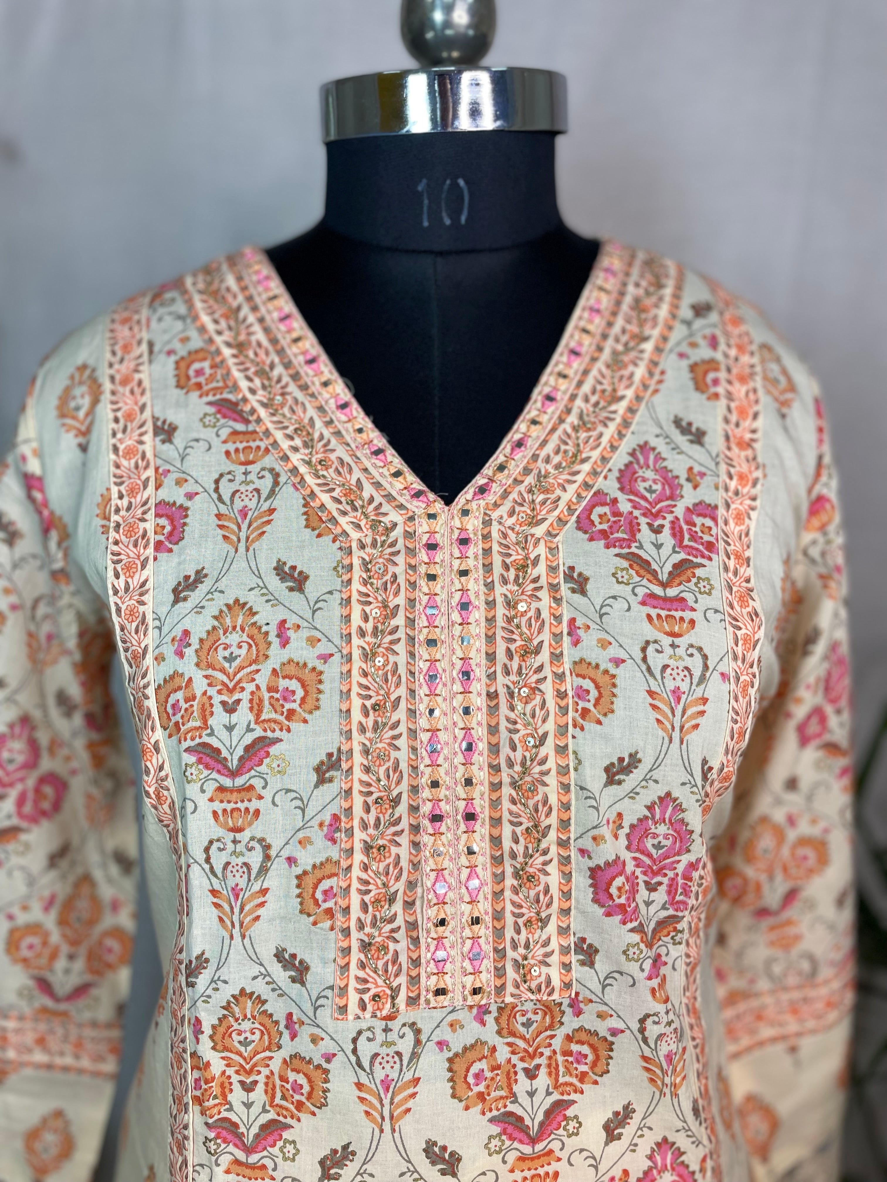 Viha Ivory Peach Cotton 3 Pcs Suit Set