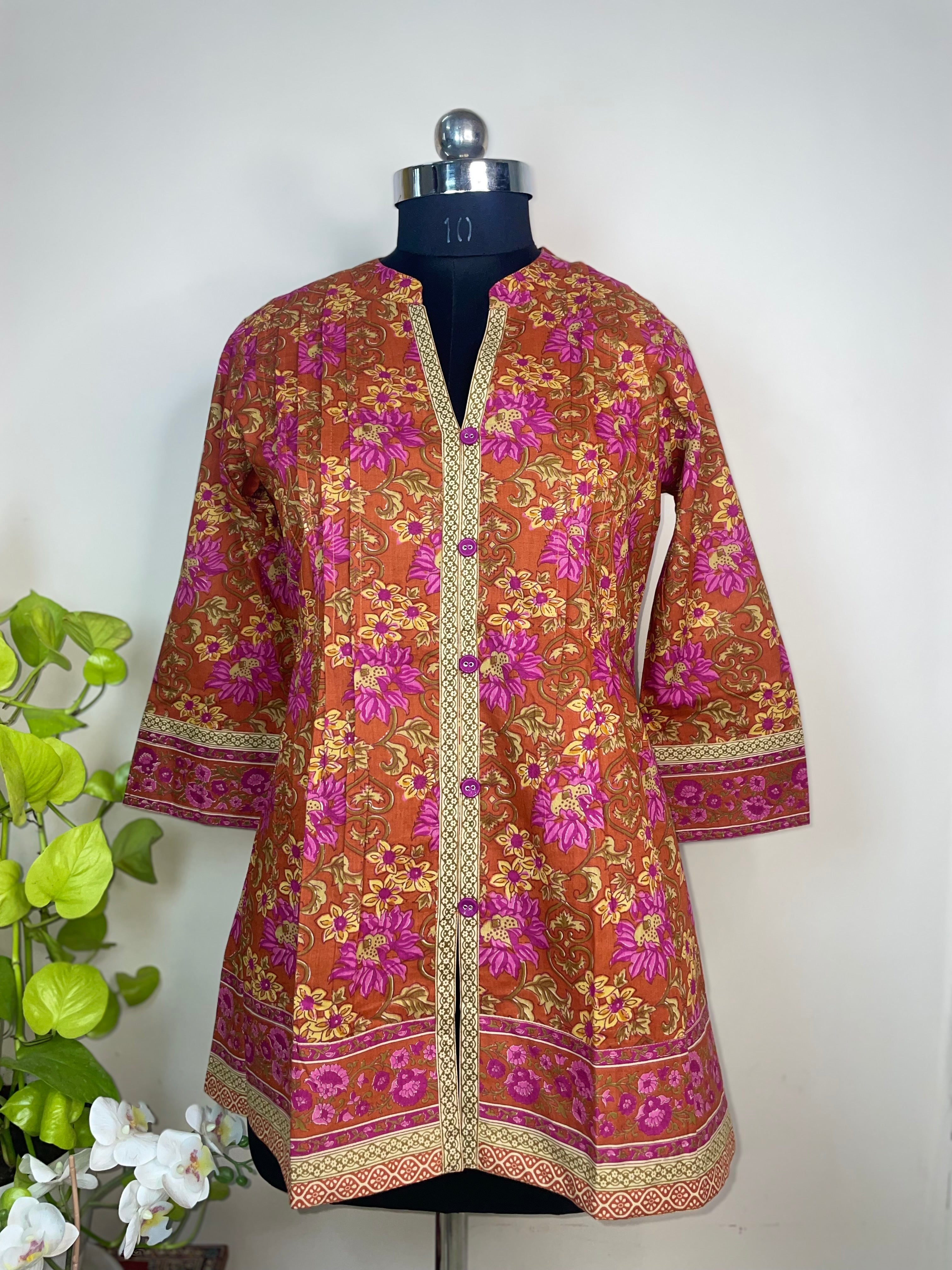 Rust Gulmohar Hand Block Cotton Short Kurti