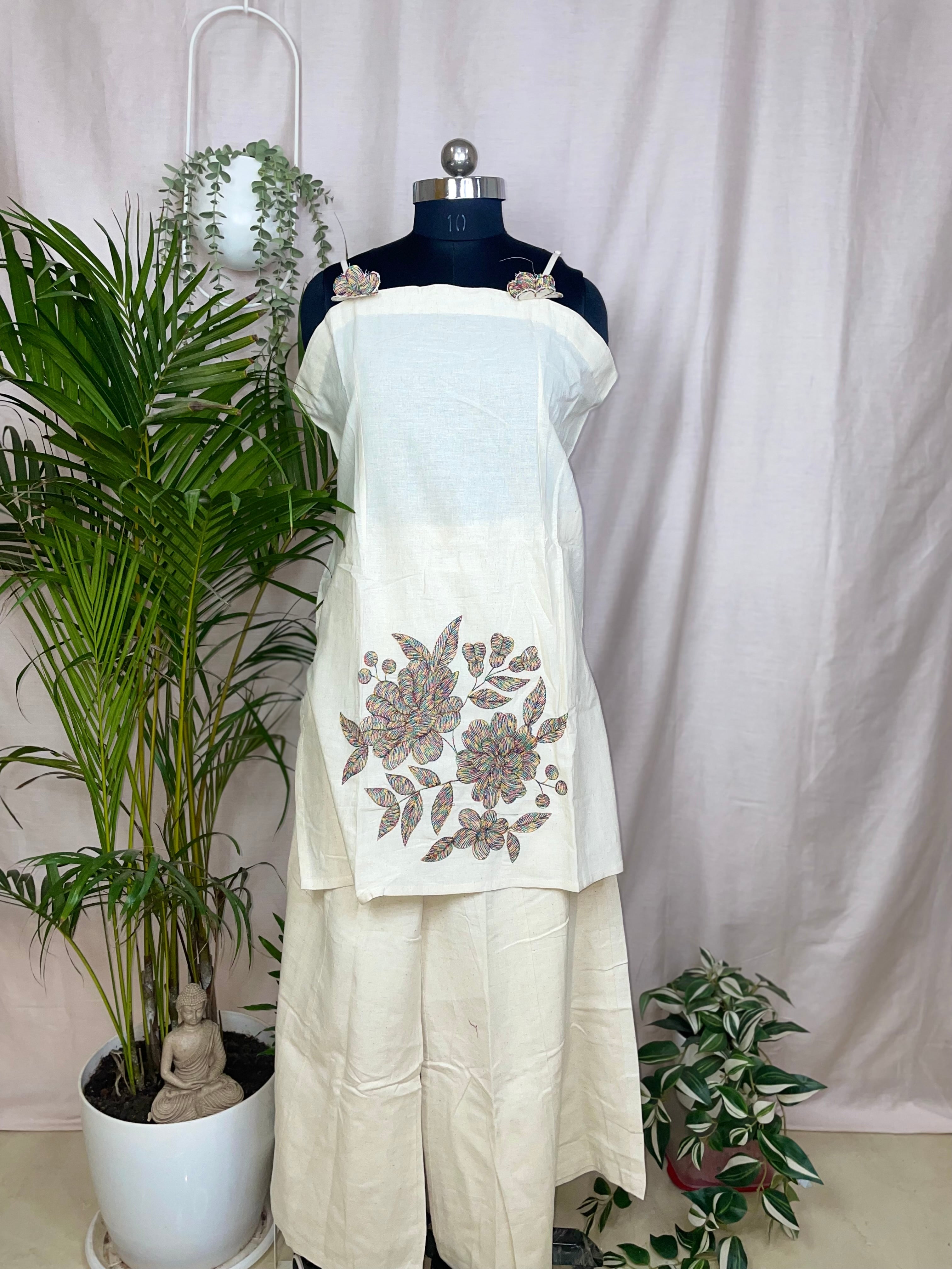 Vritti Ivory Floral 3-Piece Spagetti Palazzo Set