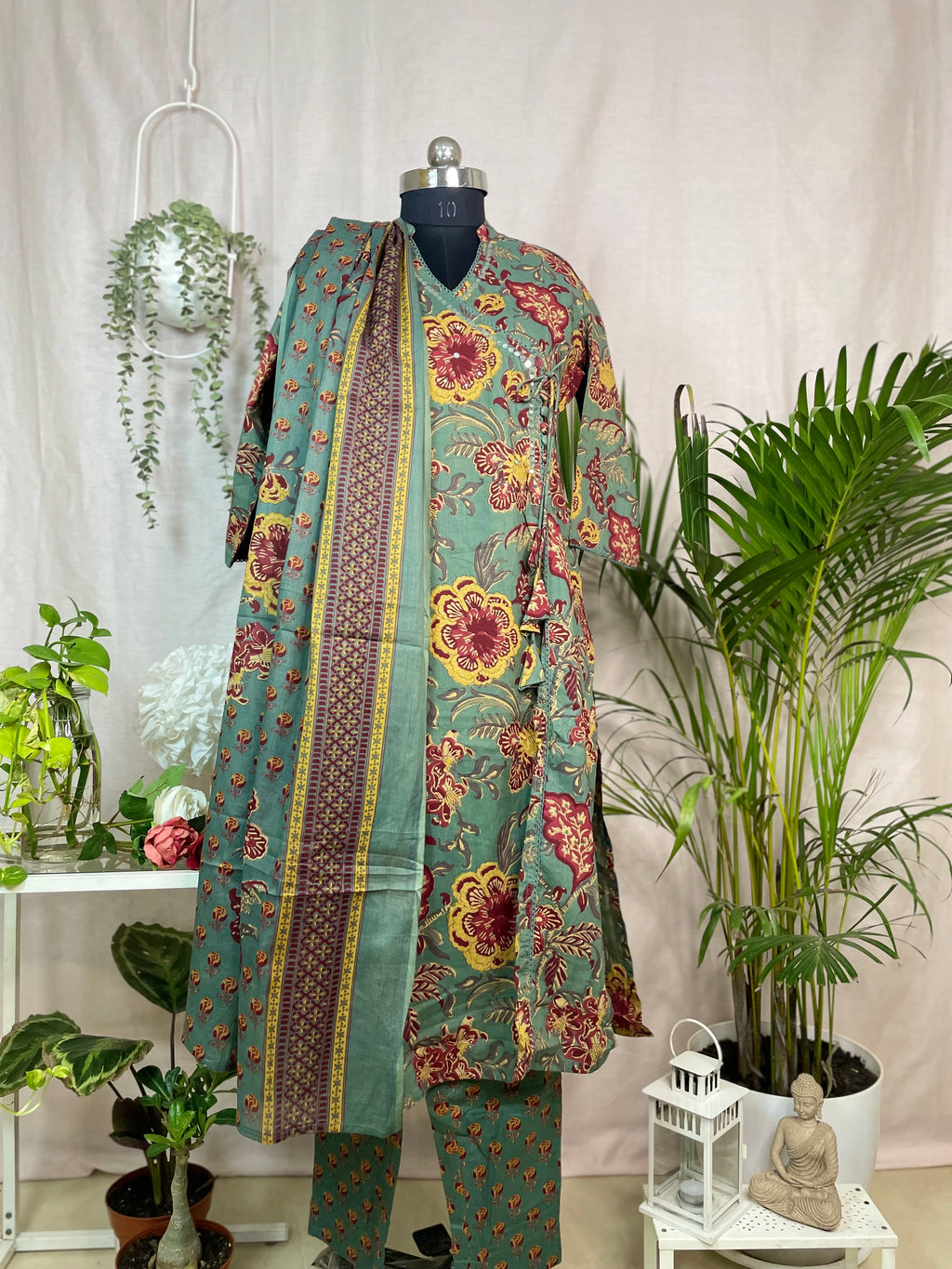 Vrinda Sage Green Cotton 3 Pcs Suit Set