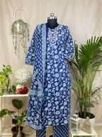 Aashi Navy Floral Cotton 3 Pcs Suit Set