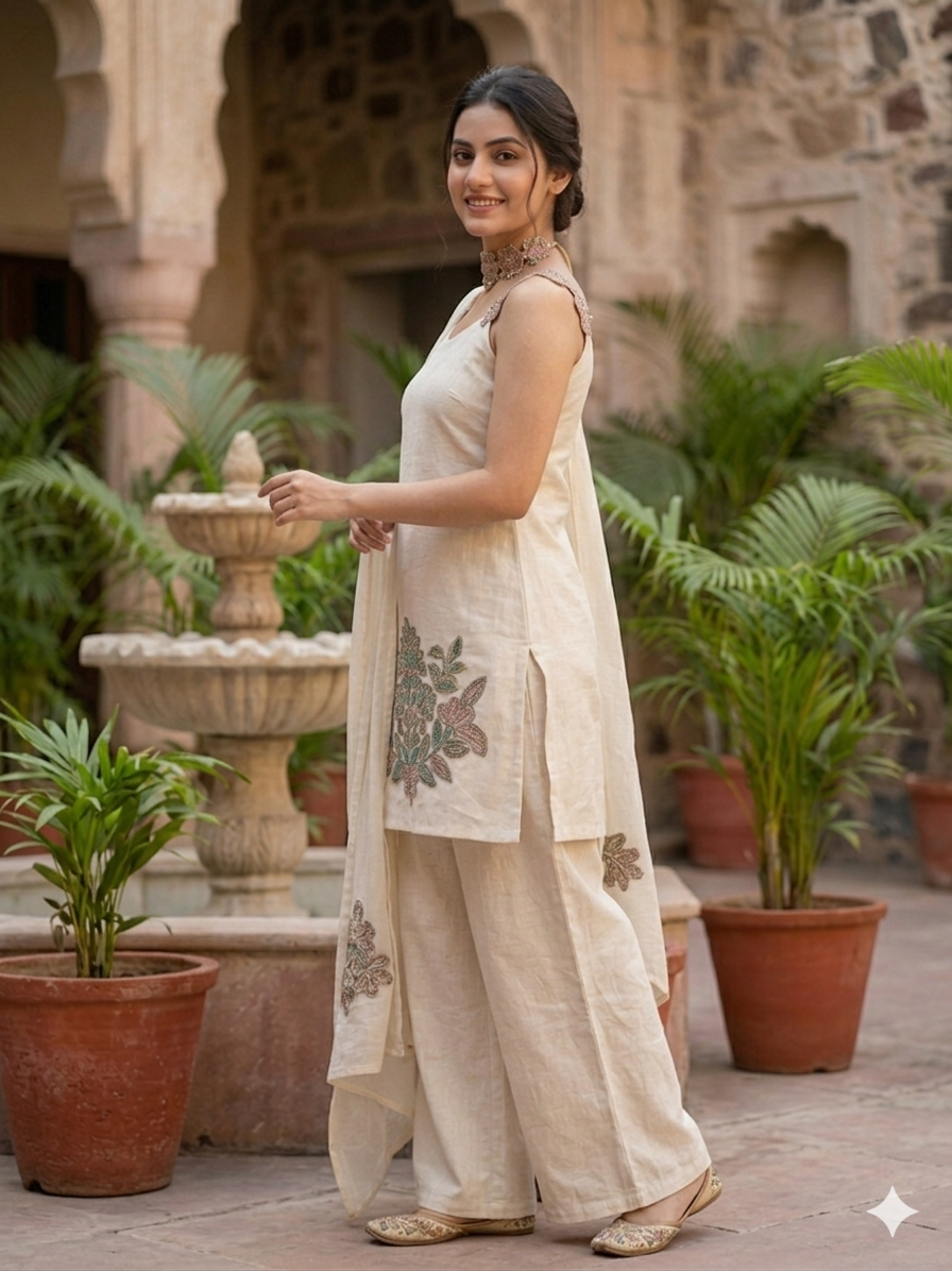 Vritti Ivory Floral 3-Piece Spagetti Palazzo Set