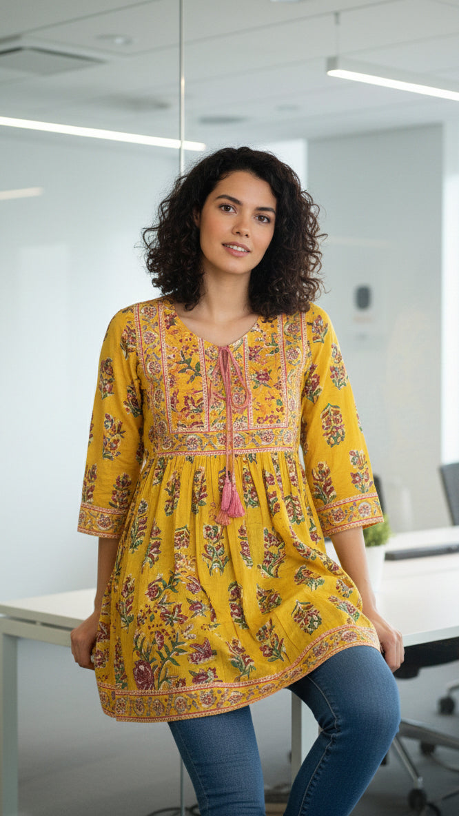 Yellow Bloom Top, Short Kurti
