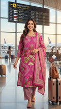 Aarohi Pink Garden Cotton 3 Pcs Suit Set
