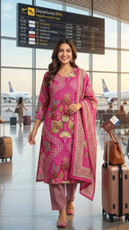 Aarohi Pink Garden Cotton 3 Pcs Suit Set