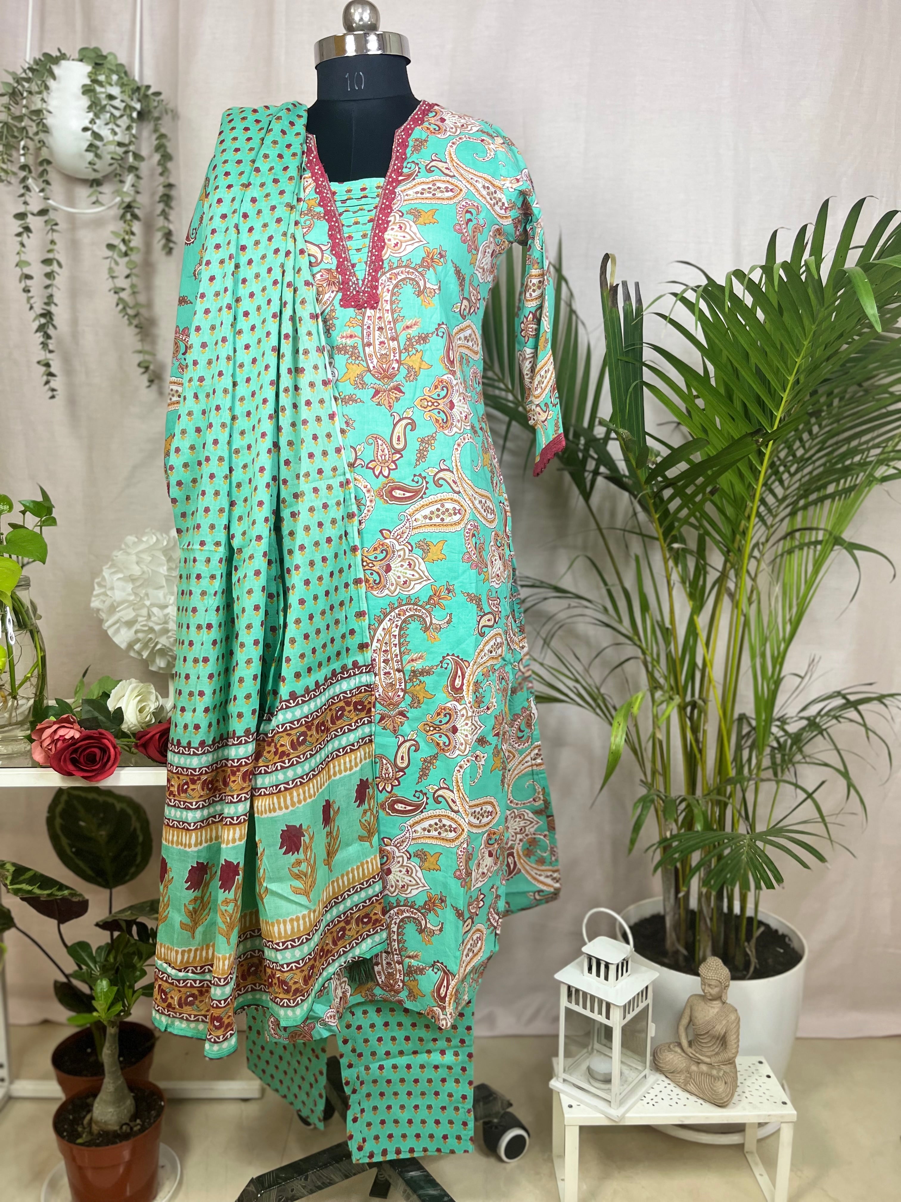 Aarvi Aqua Paisley Cotton 3 Pcs Suit Set