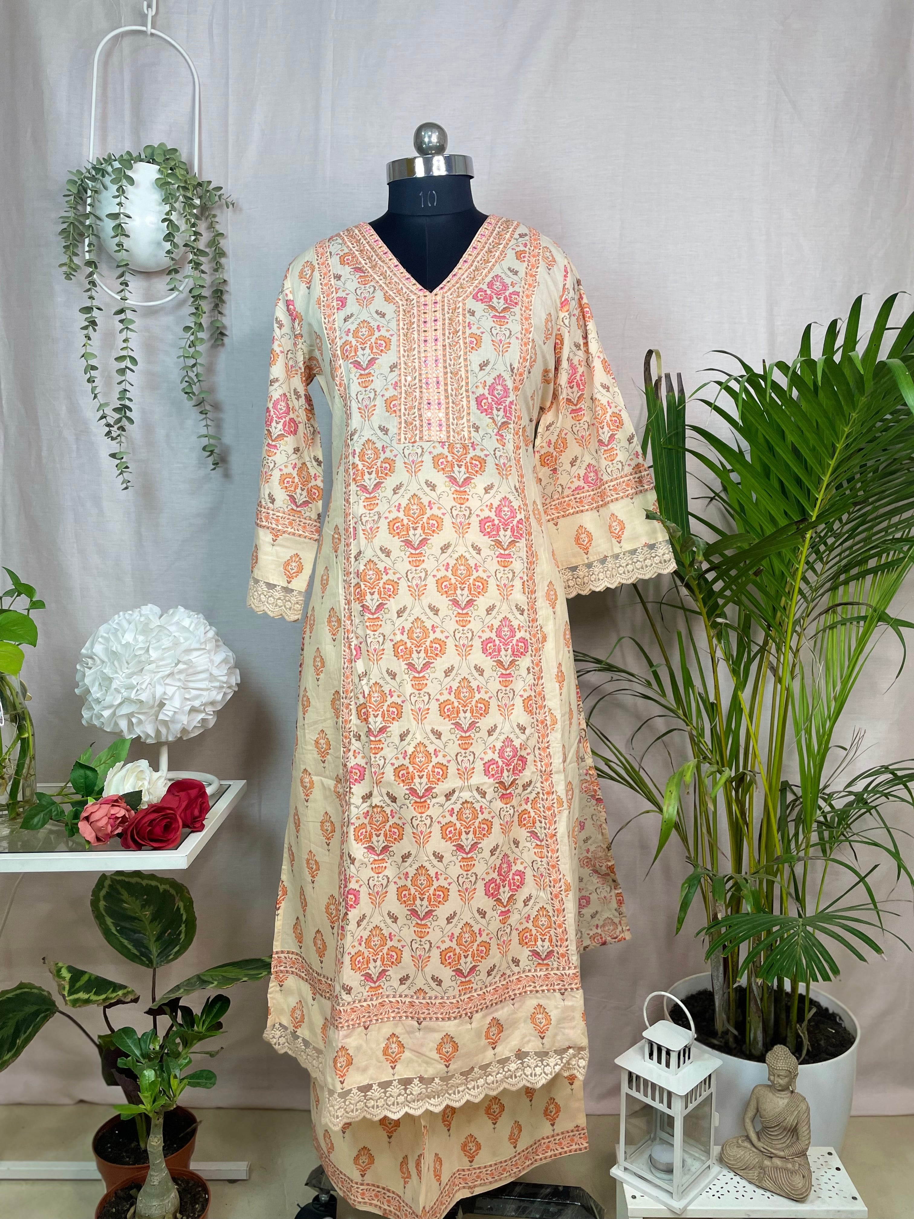 Viha Ivory Peach Cotton 3 Pcs Suit Set