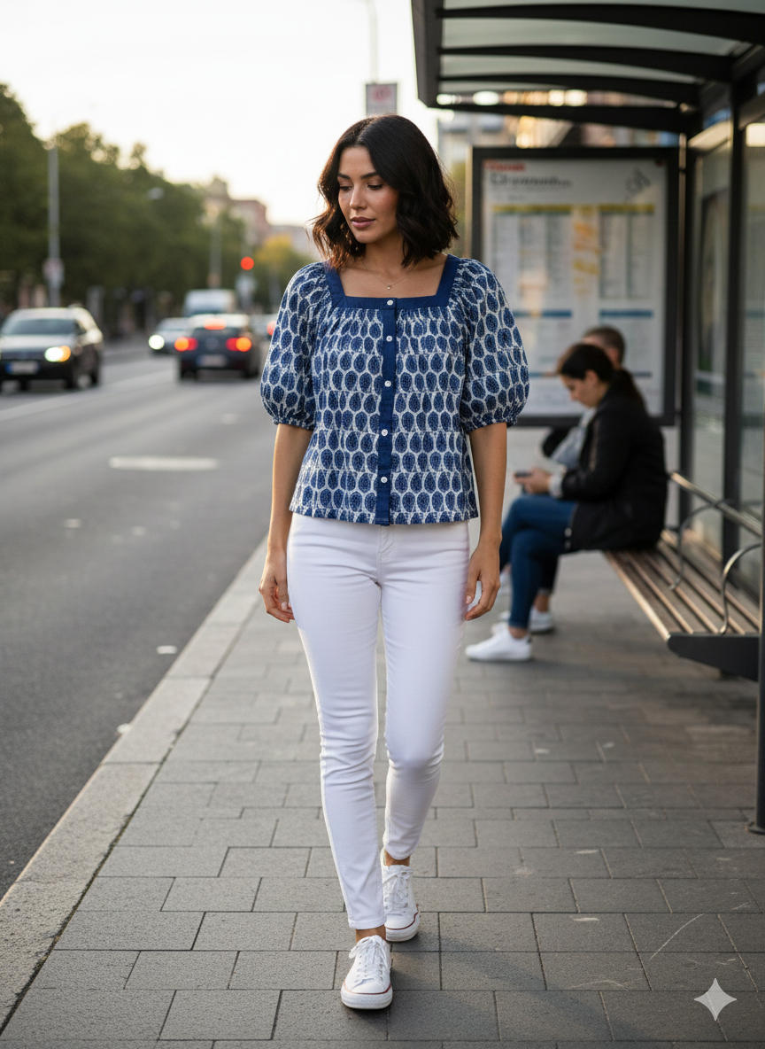 Blue Paisley Button Short top