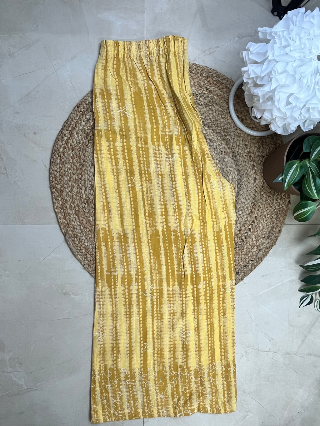 White-Mustard Yellow Cropped top Paired With Loose Fit Flared Pants