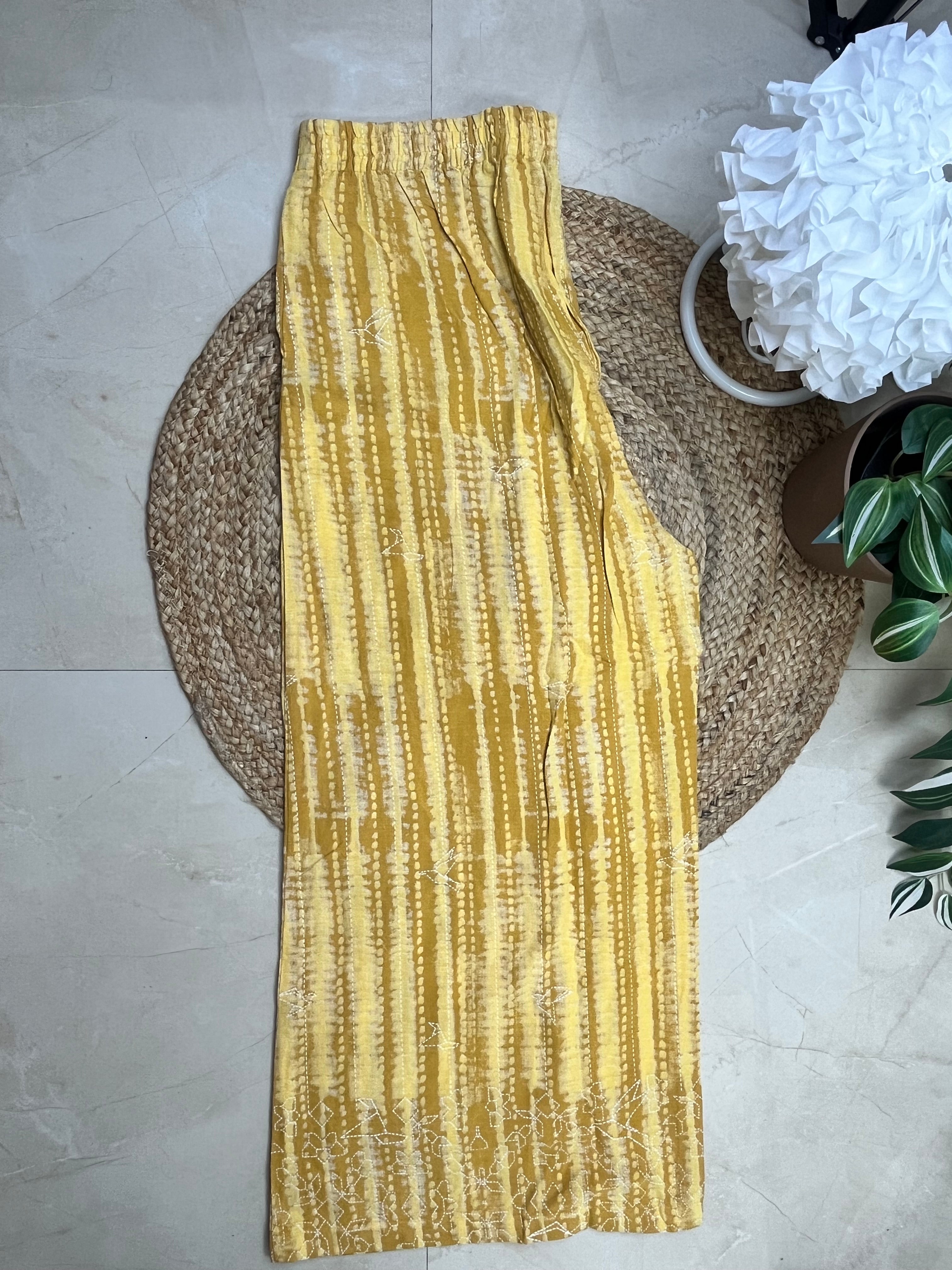 White-Mustard Yellow Cropped top Paired With Loose Fit Flared Pants