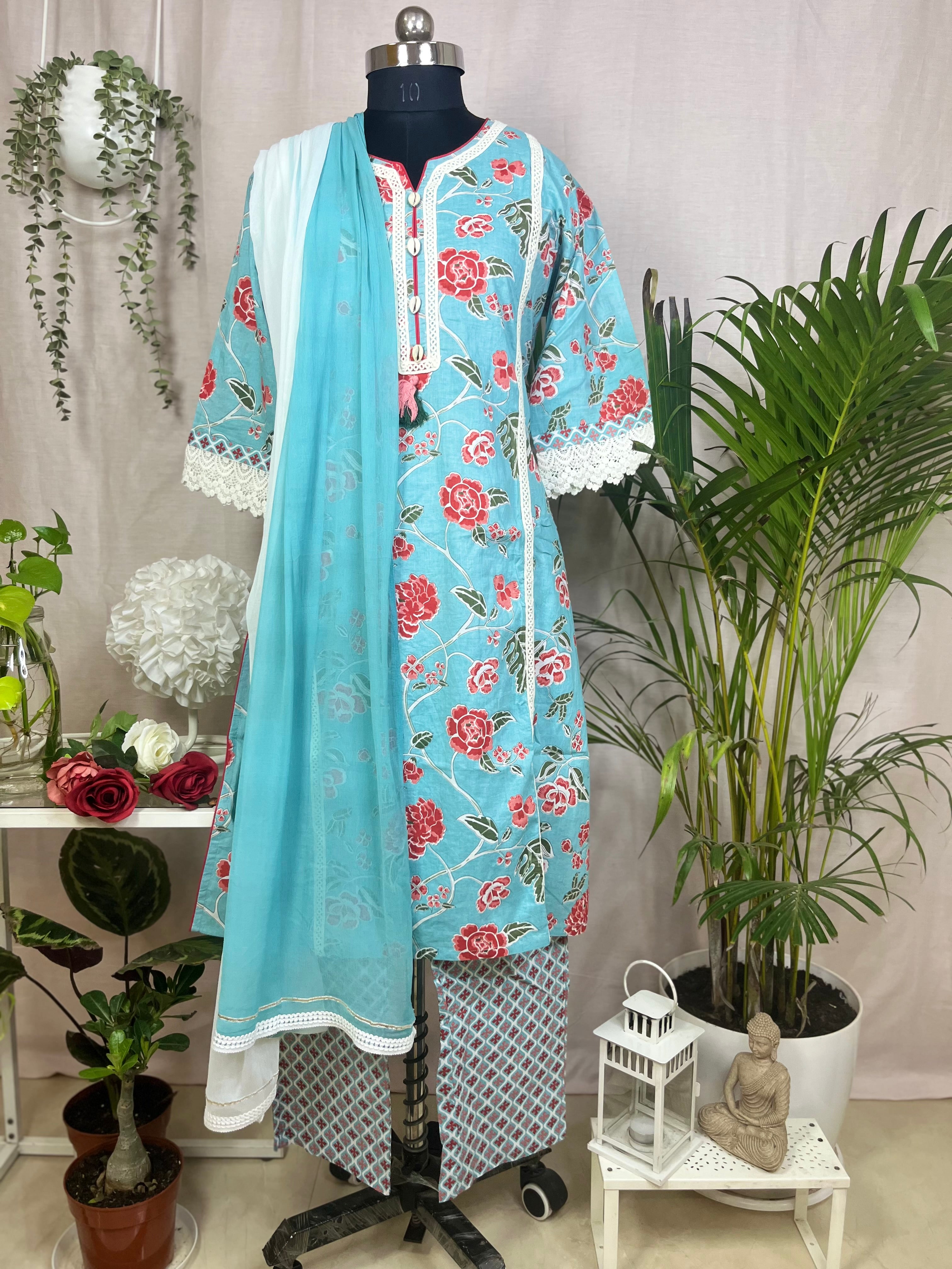 Aaira Aqua Bloom  3 Pcs Suit Set