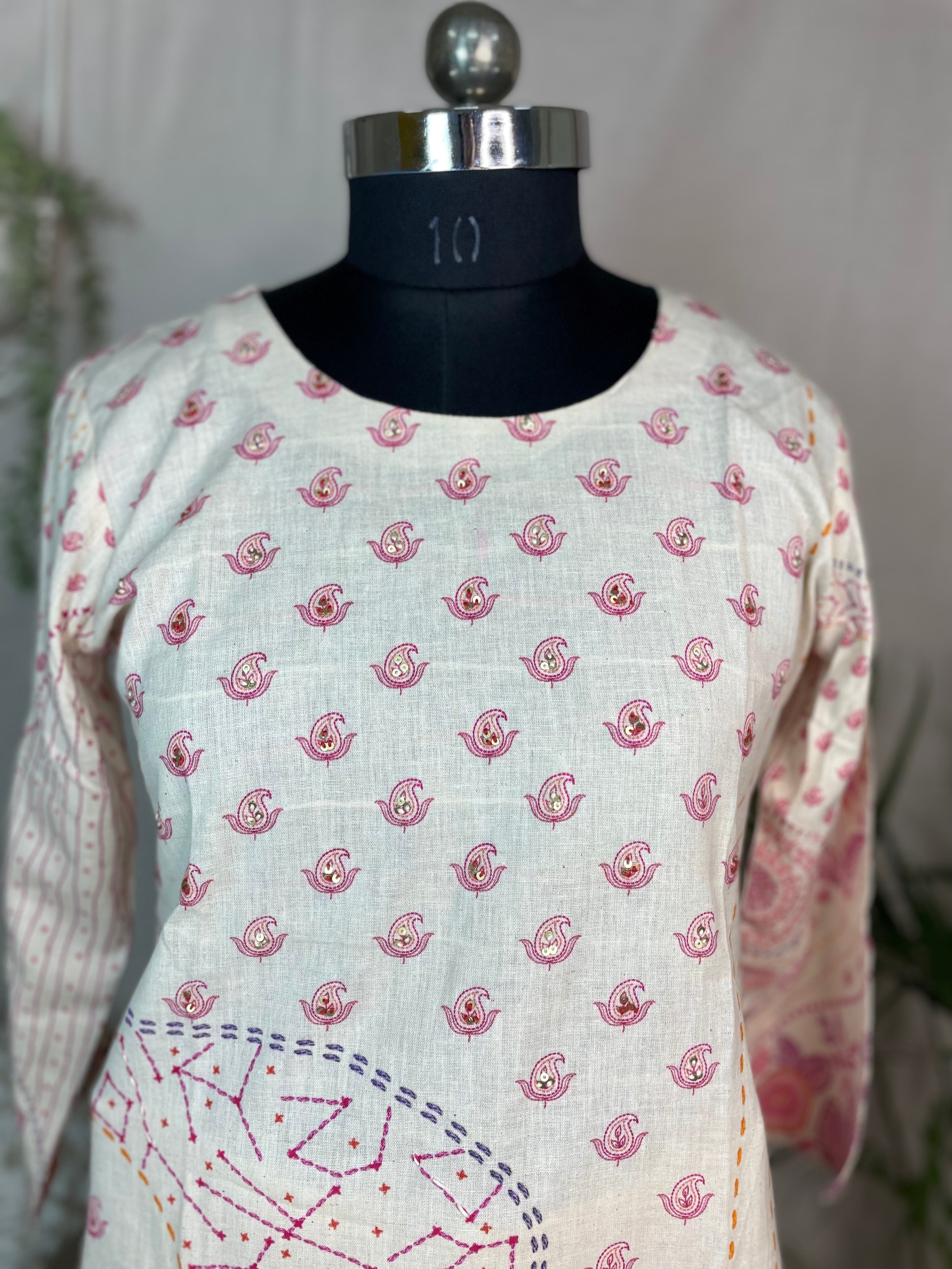 Ridhi Ivory Pink Cotton 3 Pcs Suit Set