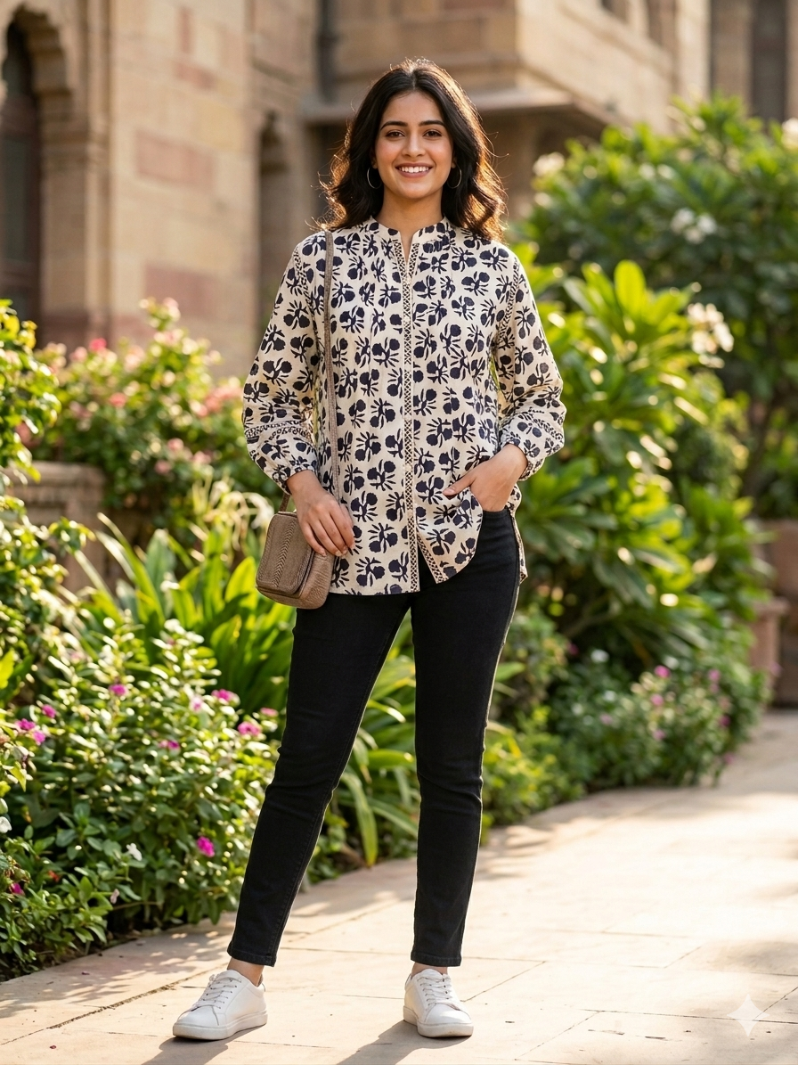 Ivory Hand Block Cotton Short  Kurti