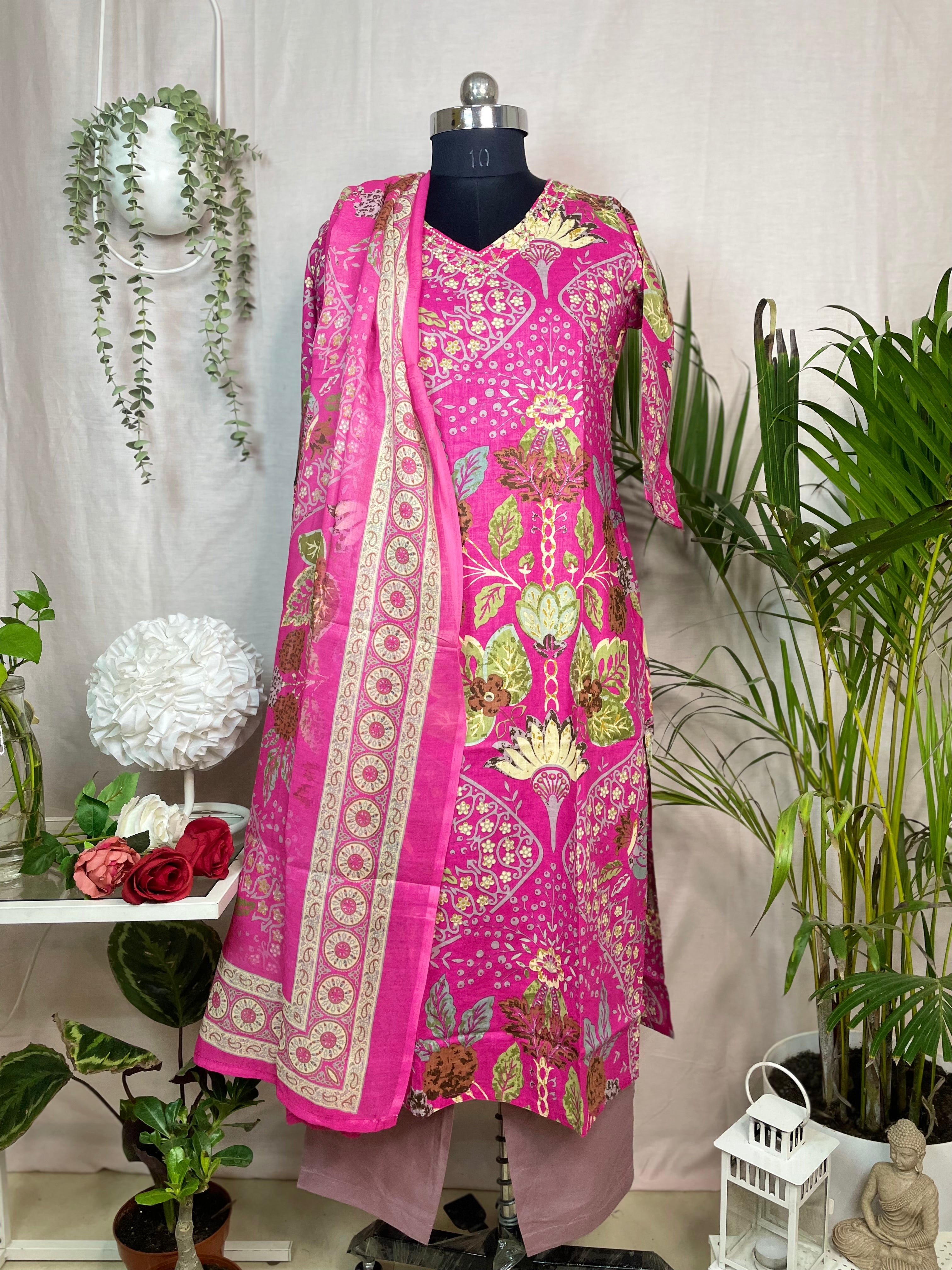 Aarohi Pink Garden Cotton 3 Pcs Suit Set