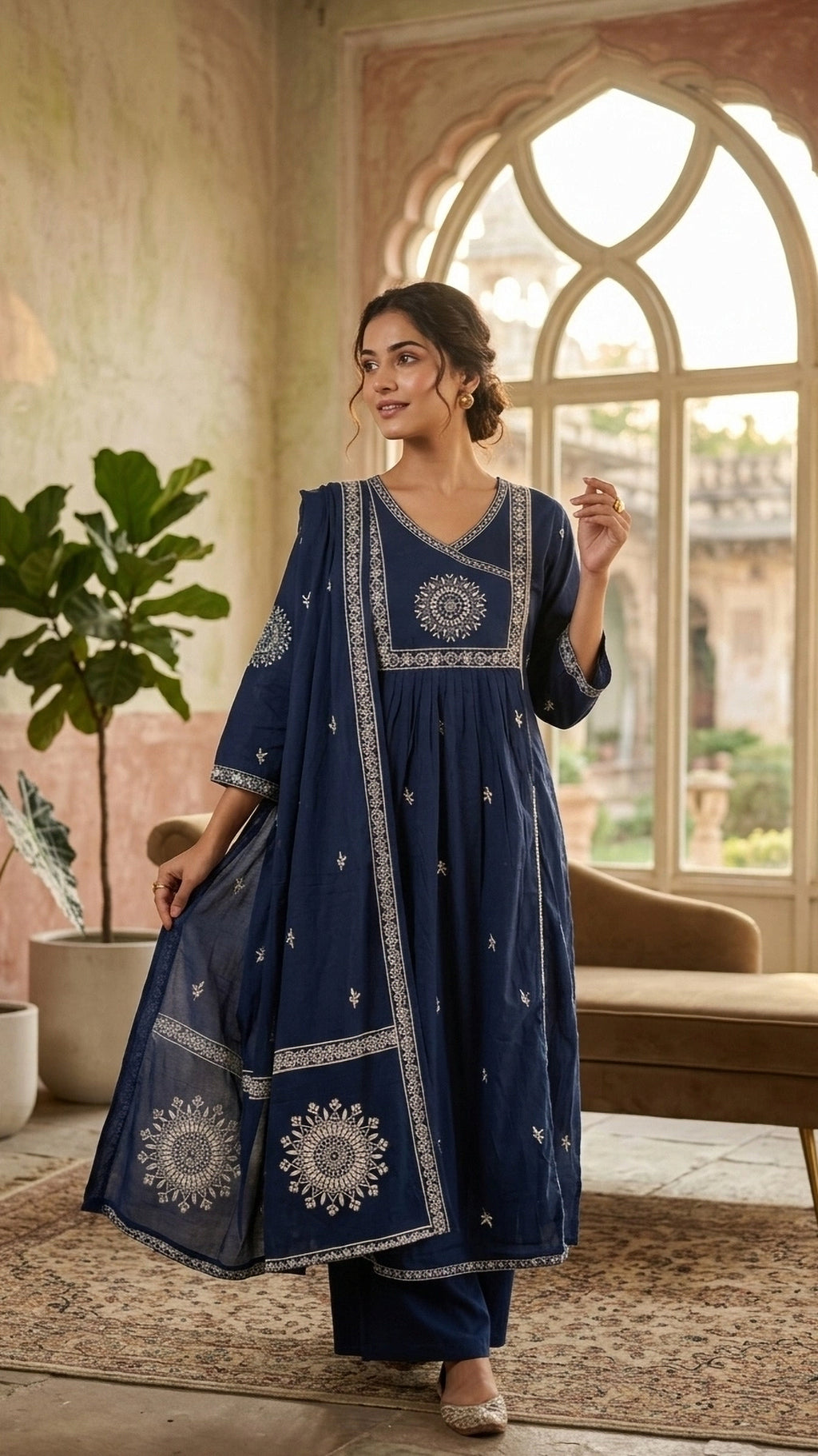 Disha Navy Blue Cotton 3 Pcs Suit Set