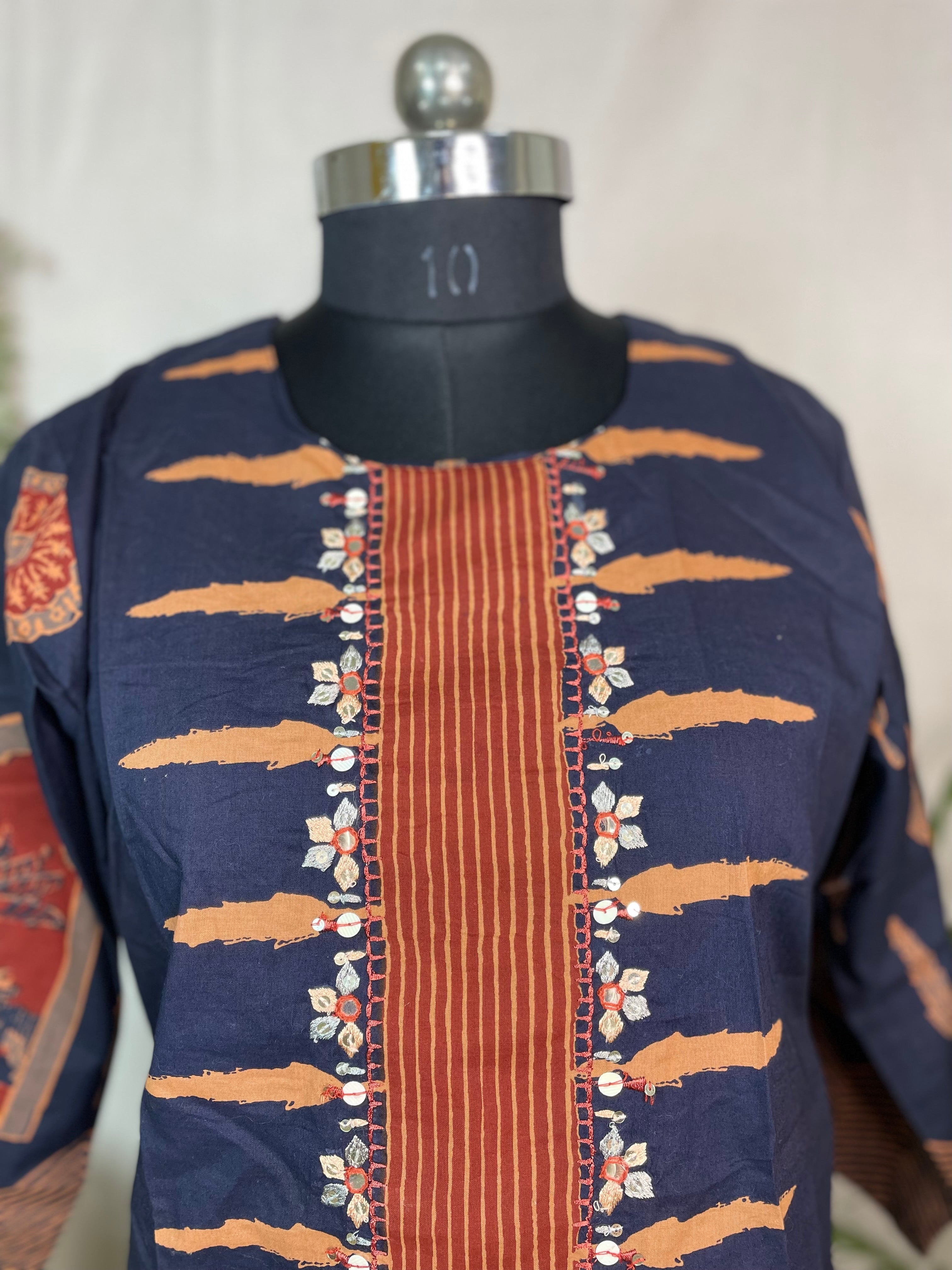 Nisha Navy Rust Cotton 3 Pcs Suit Set