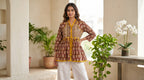 Mocha Mustard Hand Block Cotton Short Kurti