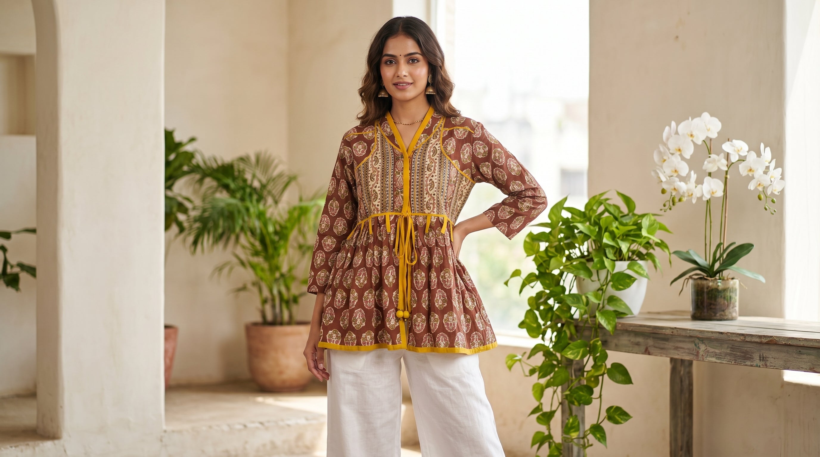 Mocha Mustard Hand Block Cotton Short Kurti
